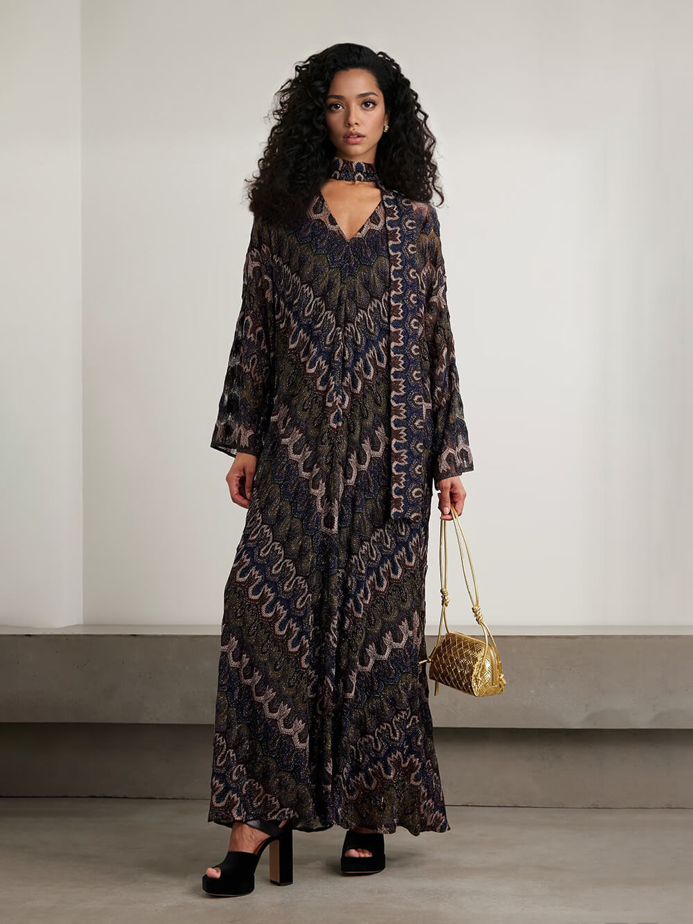 Boho Tie-Detail Striped Metallic Crochet Maxi Dress