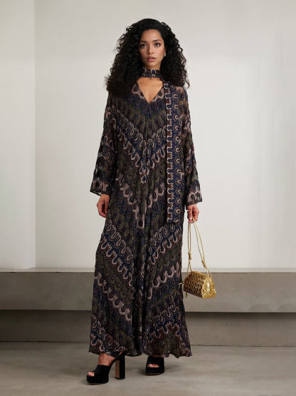 Boho Tie-Detail Striped Metallic Crochet Maxi Dress
