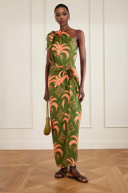 Unique Seaweed Print One-Shoulder Linen Maxi Dress