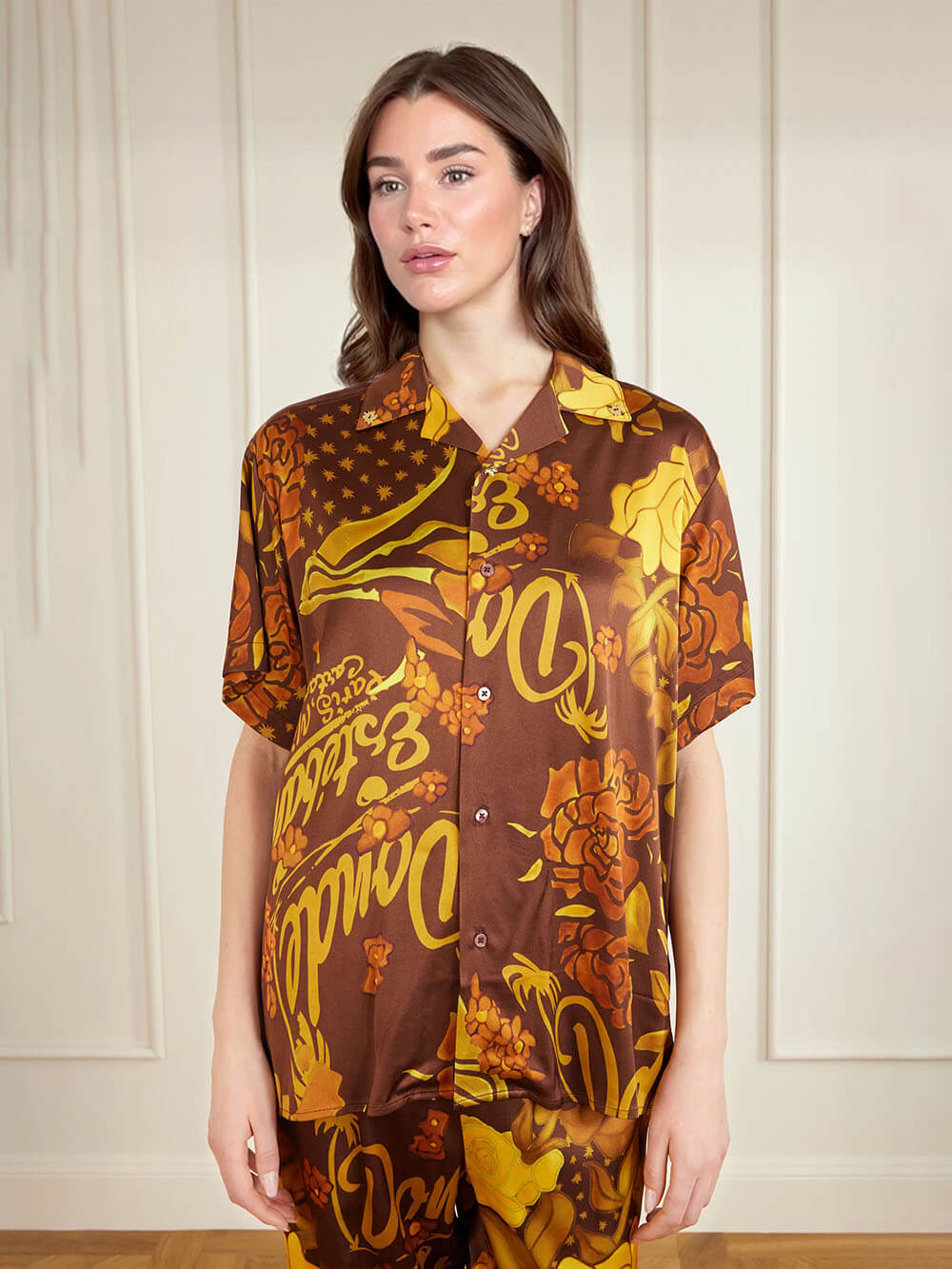 Unique Printed Satin Elastic Waist Pocket Wide-Leg Pants