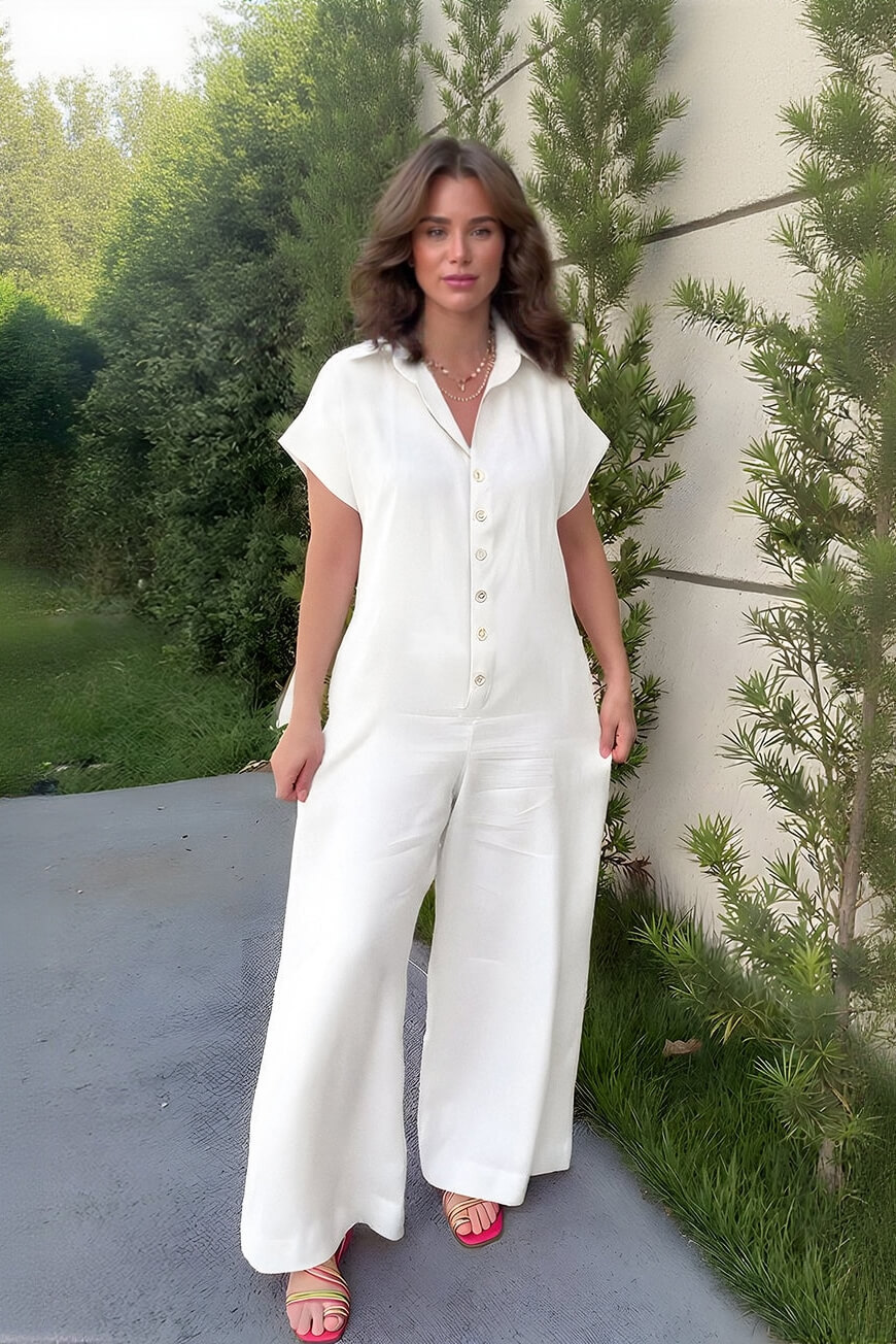 Casual Linen Collared Short-Sleeved Button-Up Front Wide-Leg Jumpsuit