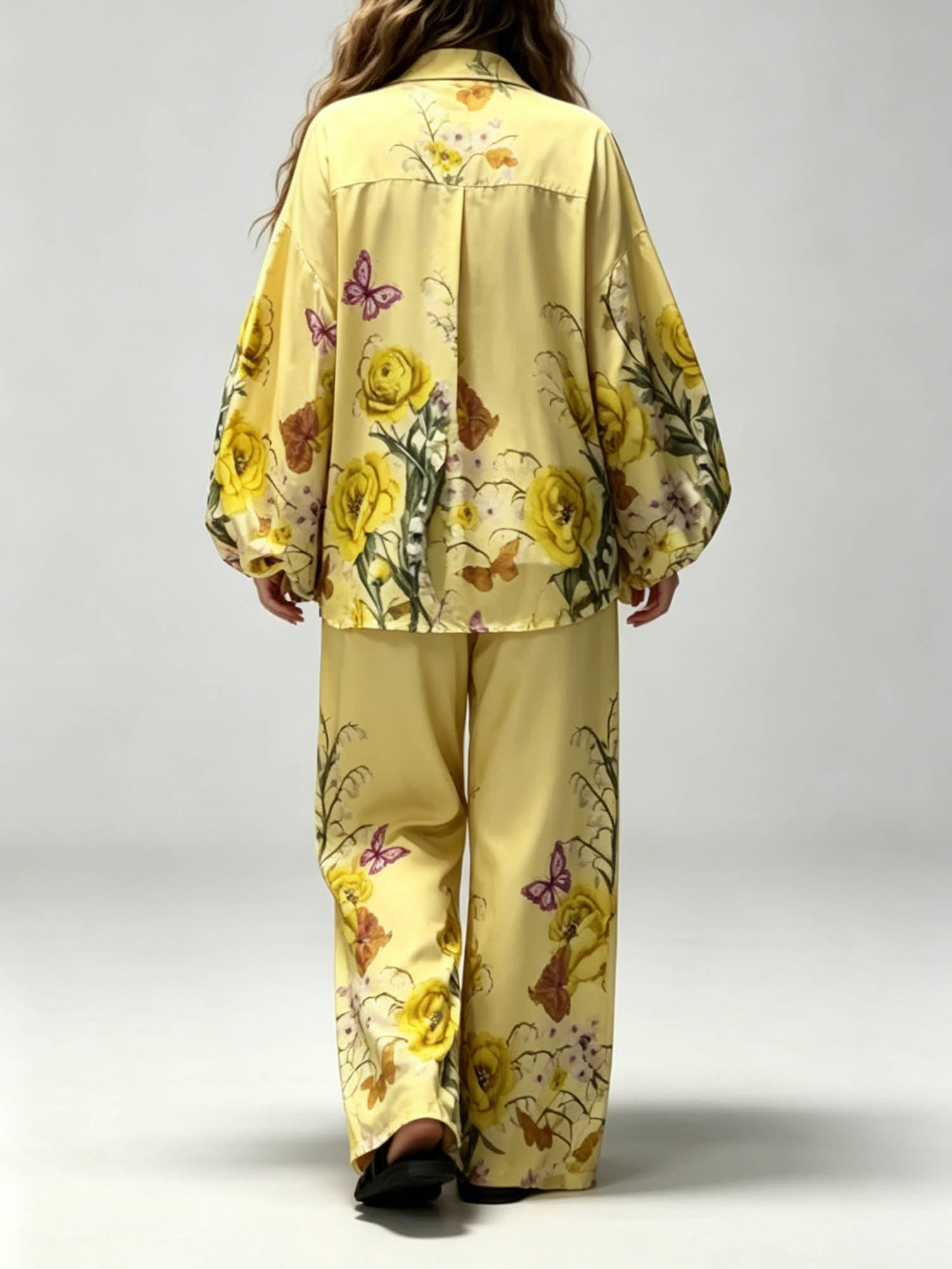 Exquisite Floral Butterfly Print Satin Wide-Leg Pants