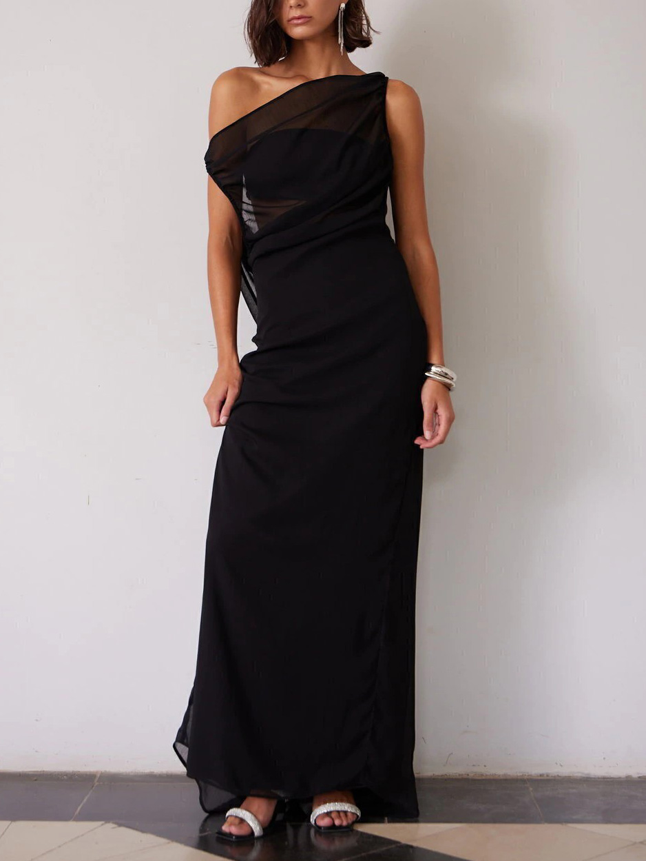 Elegant One-Shoulder Ruched Waist Flowy Maxi Dress