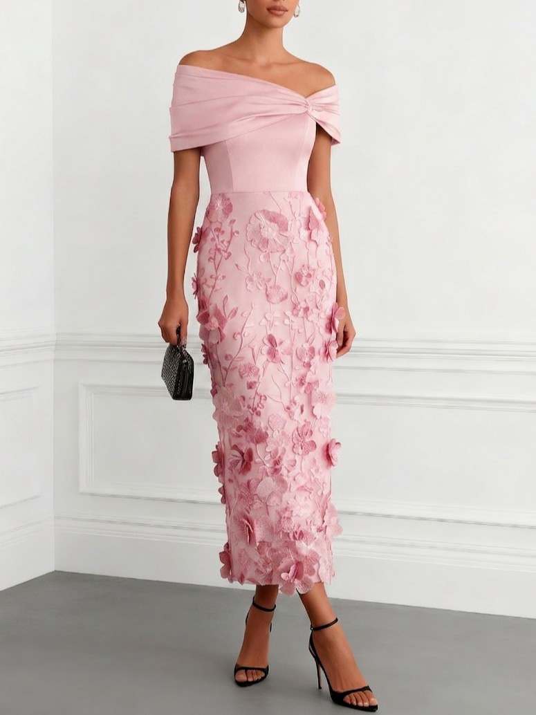 Vestido Maxi Off-Shoulder Elegante con Bordado Floral