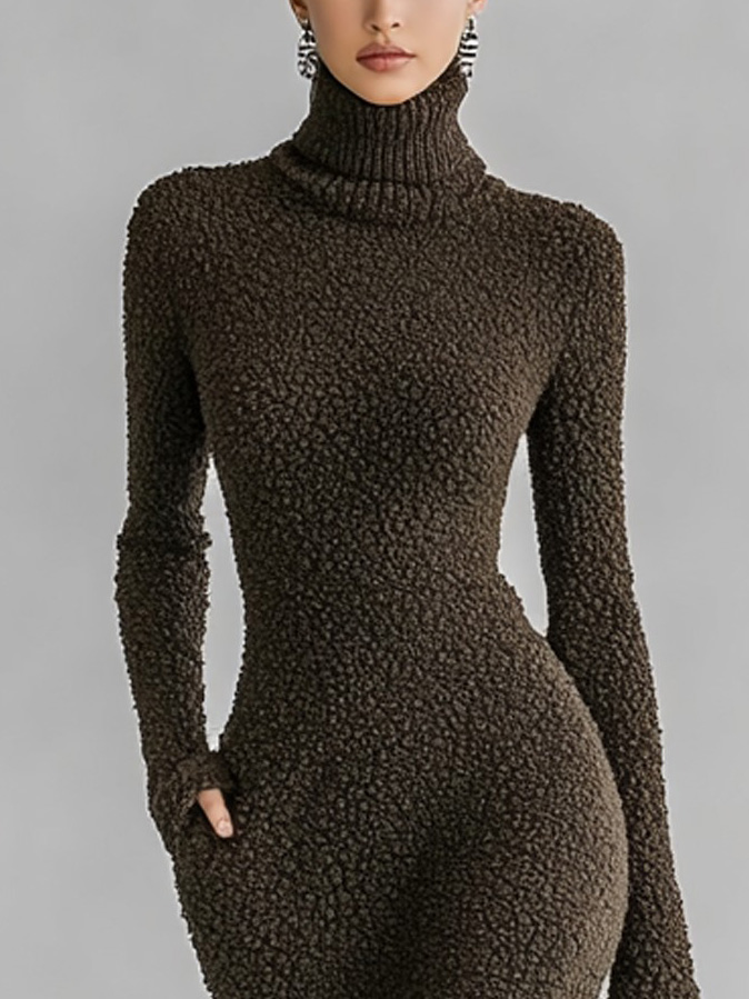 Elegant Turtleneck Textured Bodycon Maxi Dress