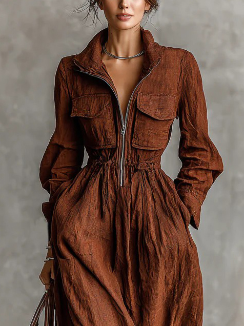 Casual Zip-up Collar Elastic Waist Maxi Dress