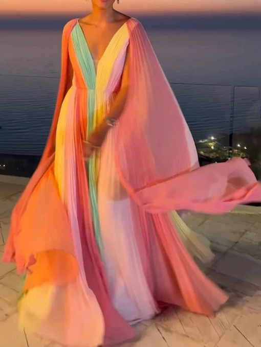 Elegant Pleated Rainbow Maxi Dress