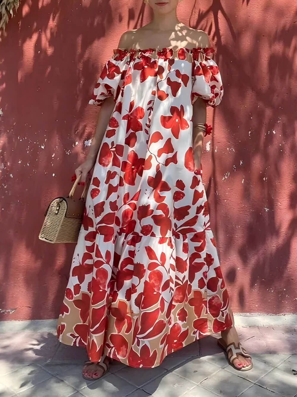 Casual Floral Print Off-Shoulder Puff Sleeve Maxi Dress