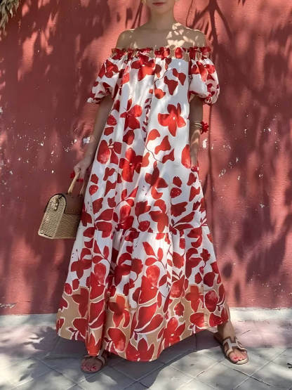 Casual Floral Print Off-Shoulder Puff Sleeve Maxi Dress