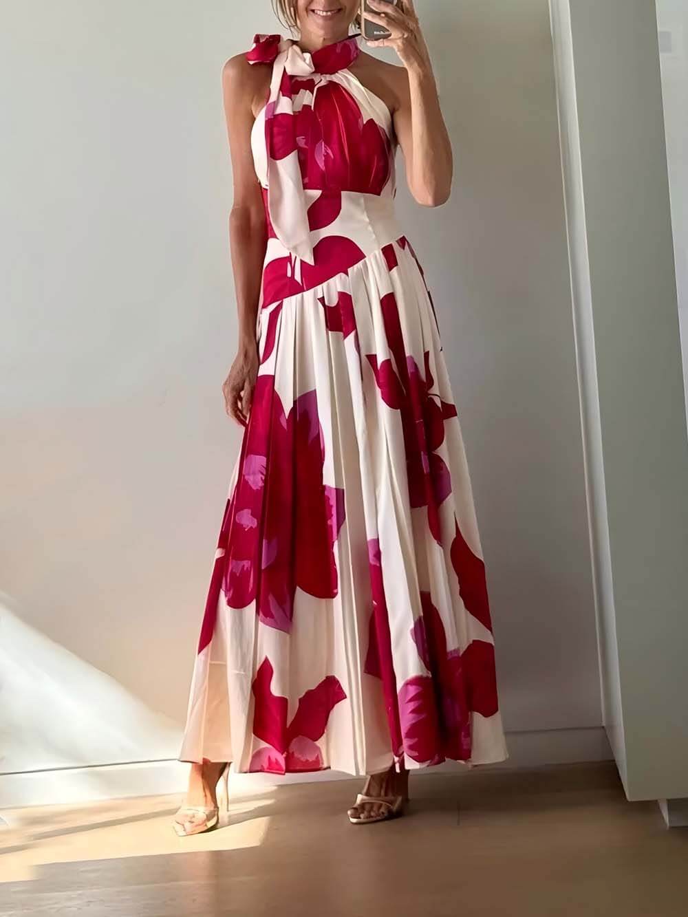Elegant Printed Satin Ruched Backless Ruffle Maxi Dress