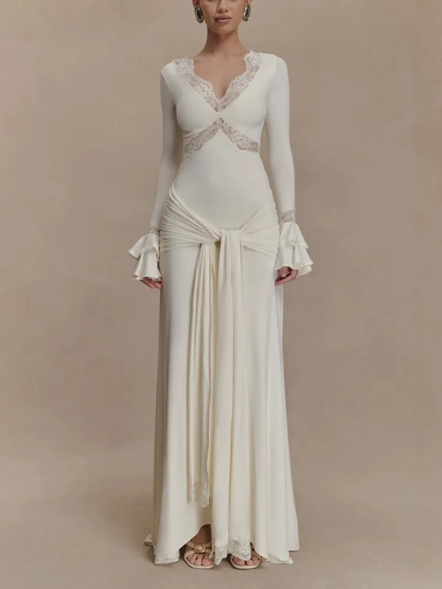 Sexy Lace Panel Trumpet Sleeve Maxi Dress