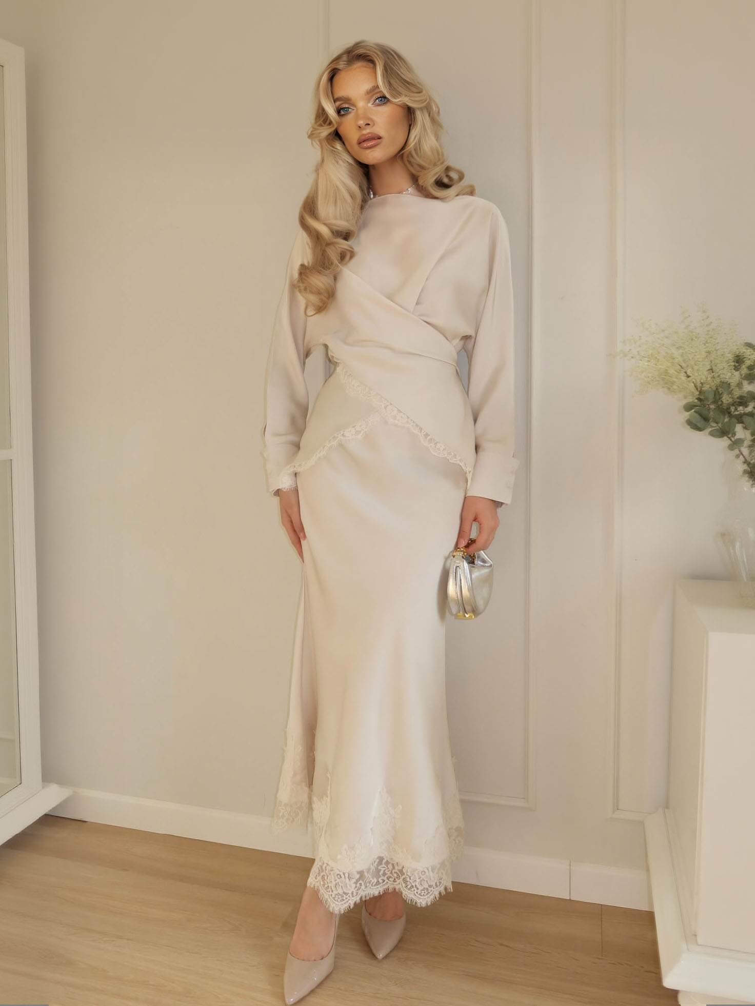 Elegant Satin Lace-trimmed Wrap Top Two-piece Set