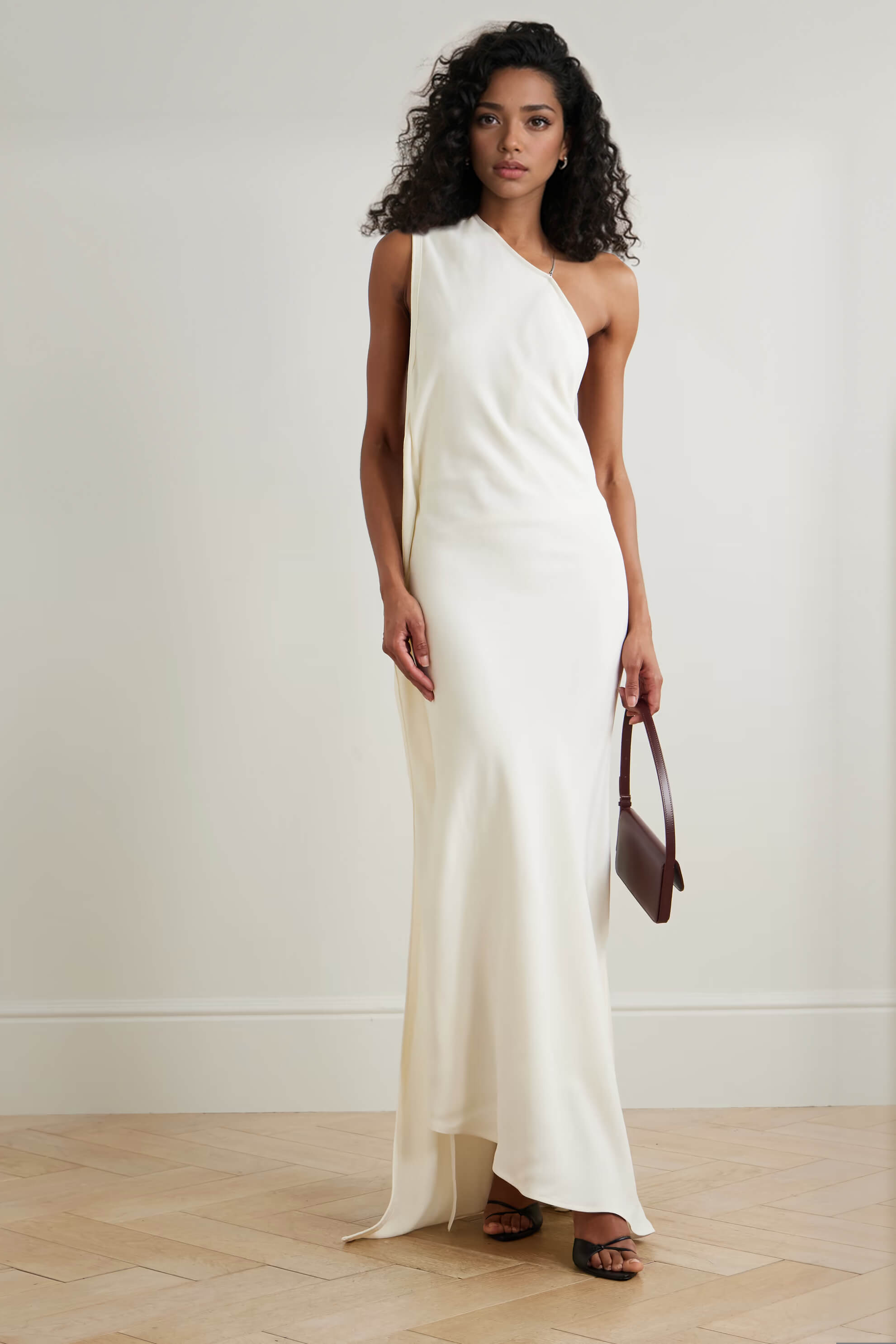 Elegant One-Shoulder Backless Embellished Draped Maxi Dress
