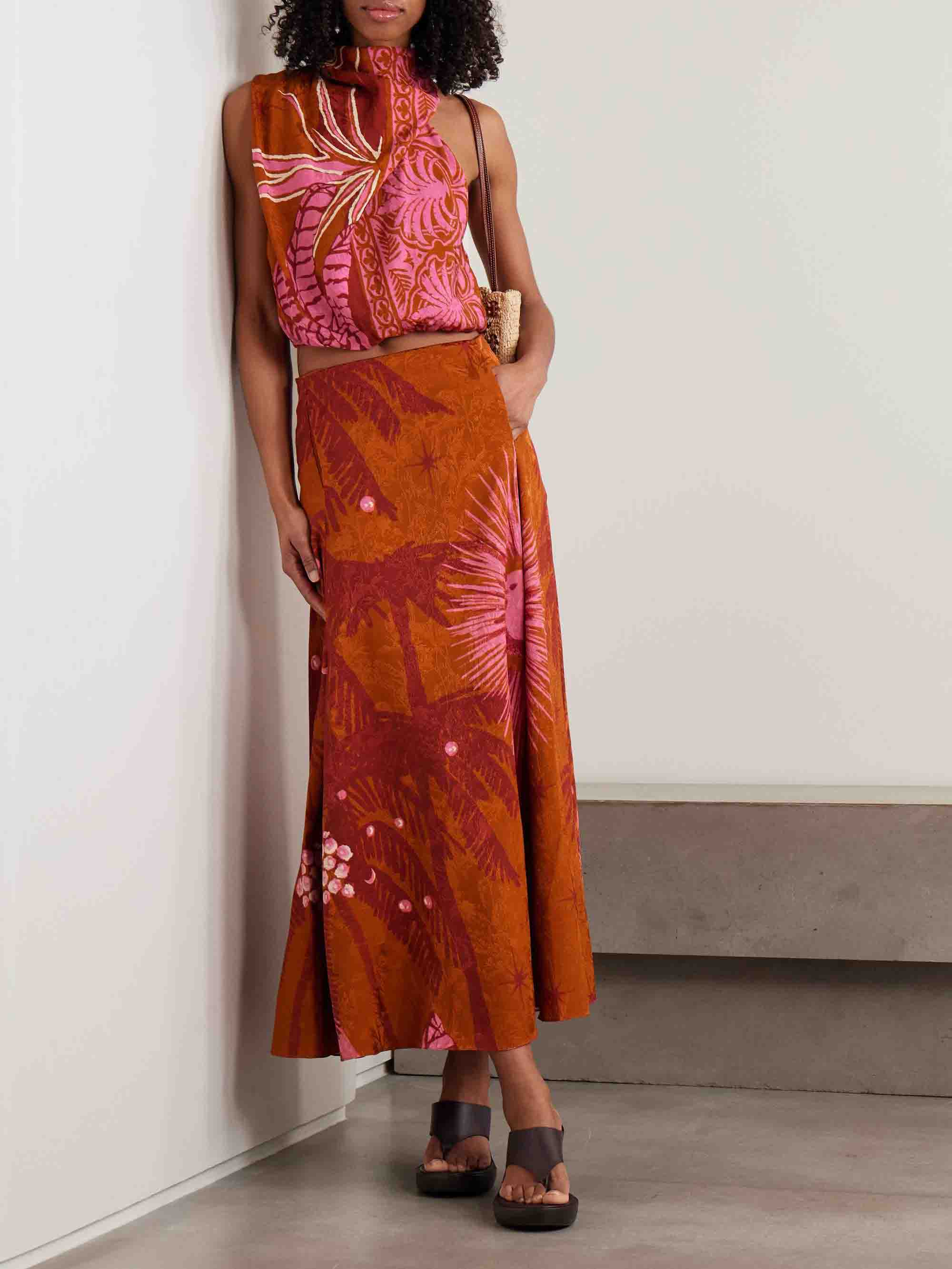 Retro Palm Tree Print Top & Skirt Two-Piece Set