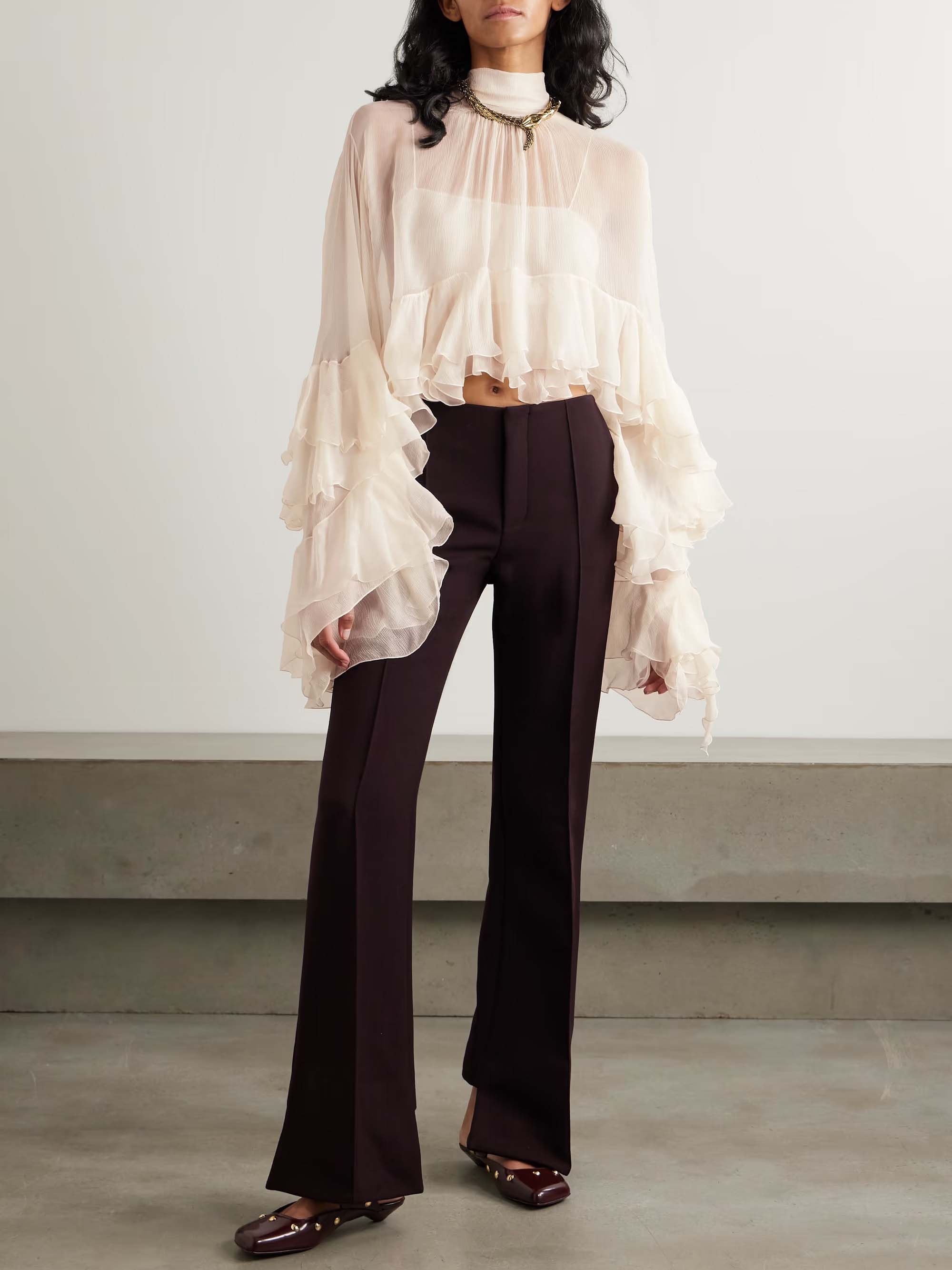 Exquisite Ruffled Chiffon Long-sleeved Short Shirt