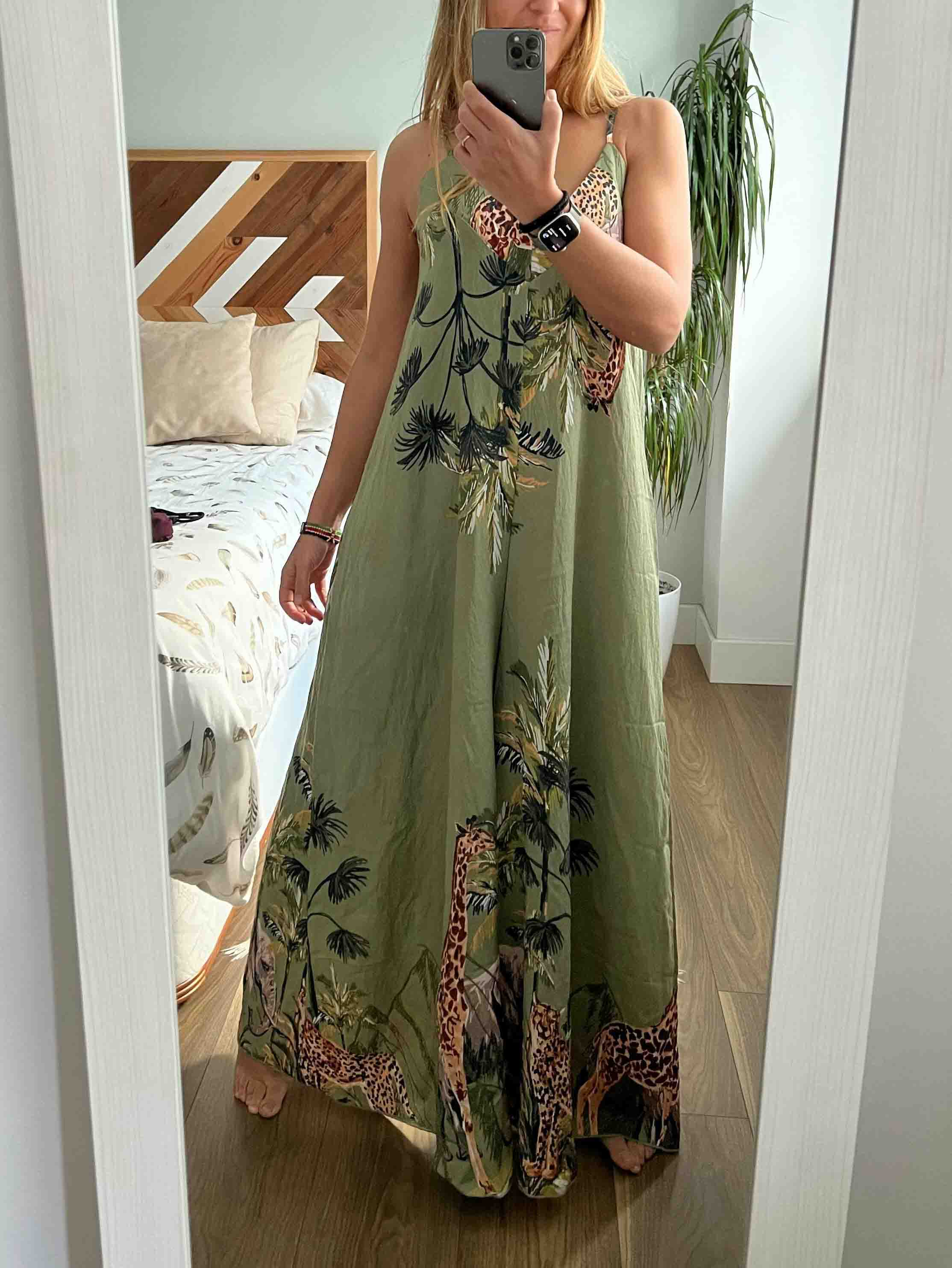 Tropical Giraffe Palm Tree Print Sleeveless High-Waist Jumpsuit