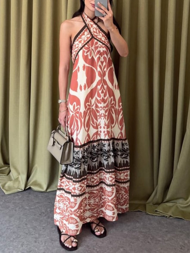 Vintage Floral Print Cross-neck Maxi Dress