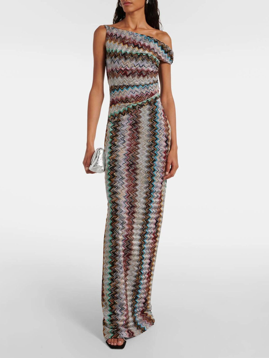 Elegant Asymmetric Neckline Geometric Print Maxi Dress