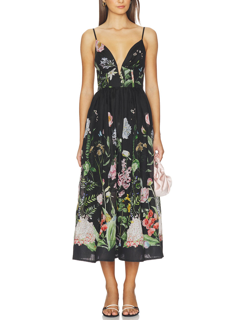 Elegant Botanical Print Deep V-Neck Fitted A-Line Midi Dress