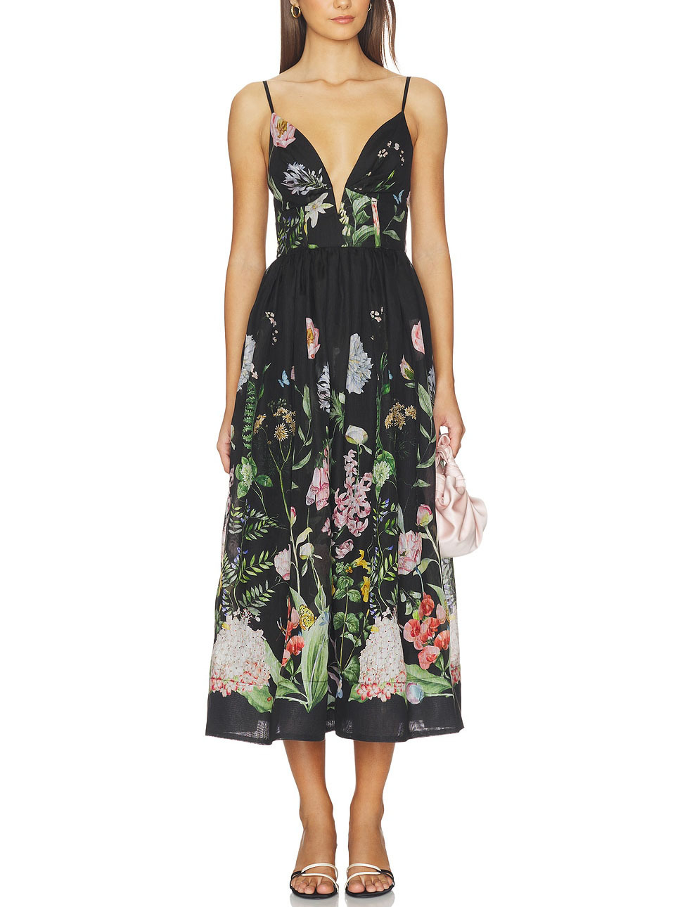 Elegant Botanical Print Deep V-Neck Fitted A-Line Midi Dress