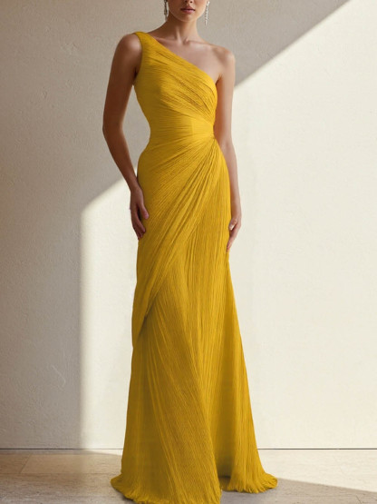 Elegant One-Shoulder Pleated Maxi Dress
