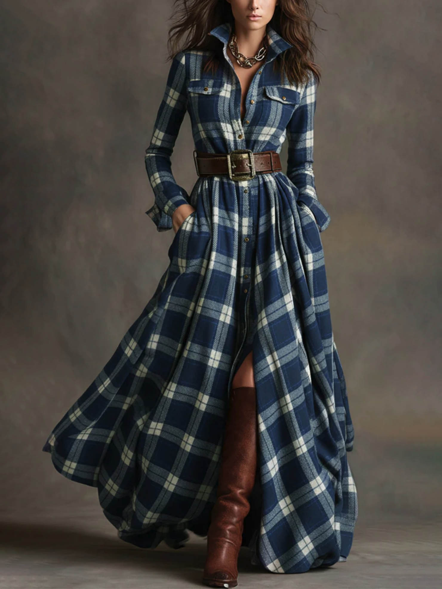 Retro Ethnic Style Plaid Maxi Dress