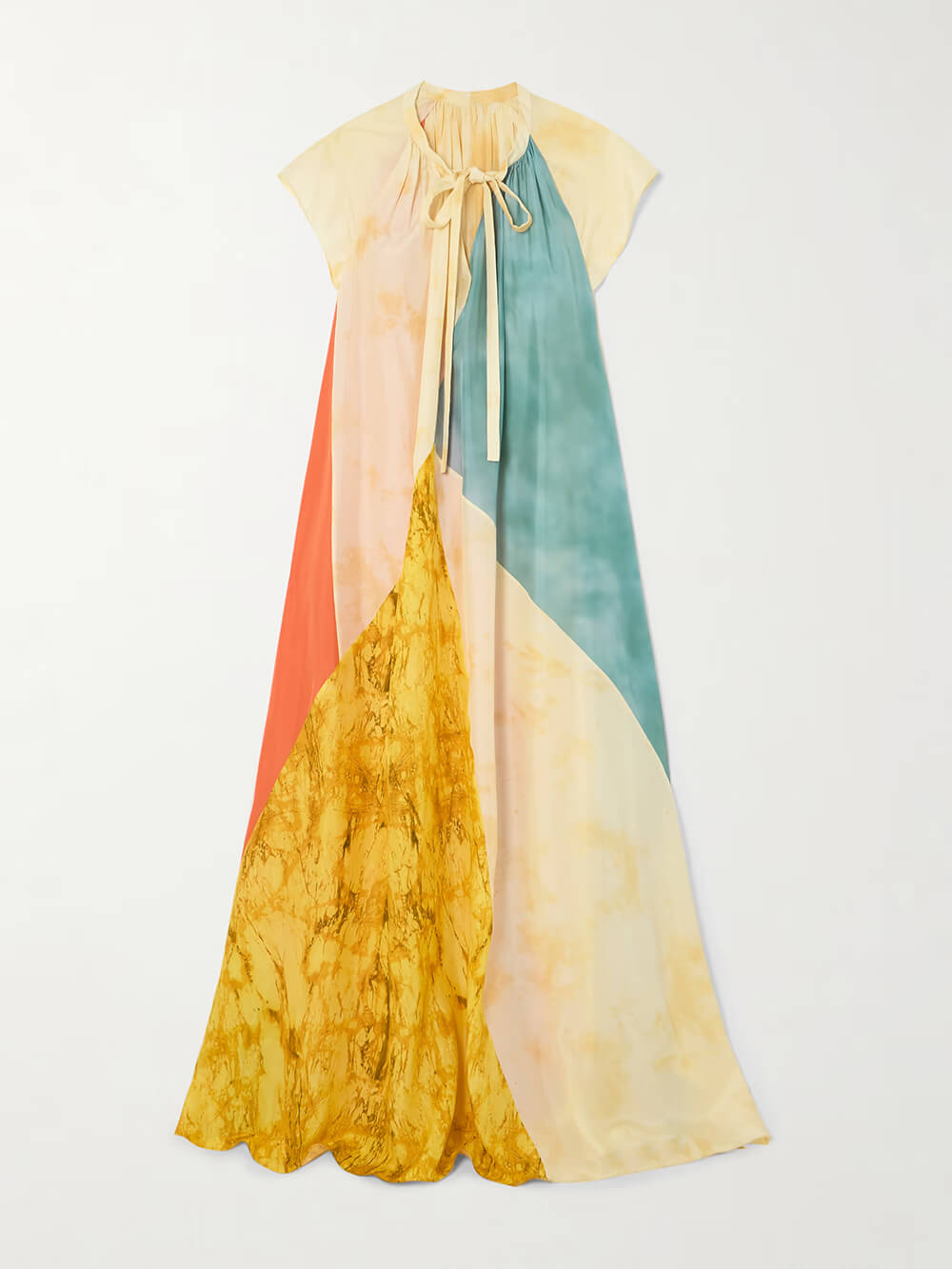 Unique Tie-neck Patchwork Printed Satin Maxi Dress