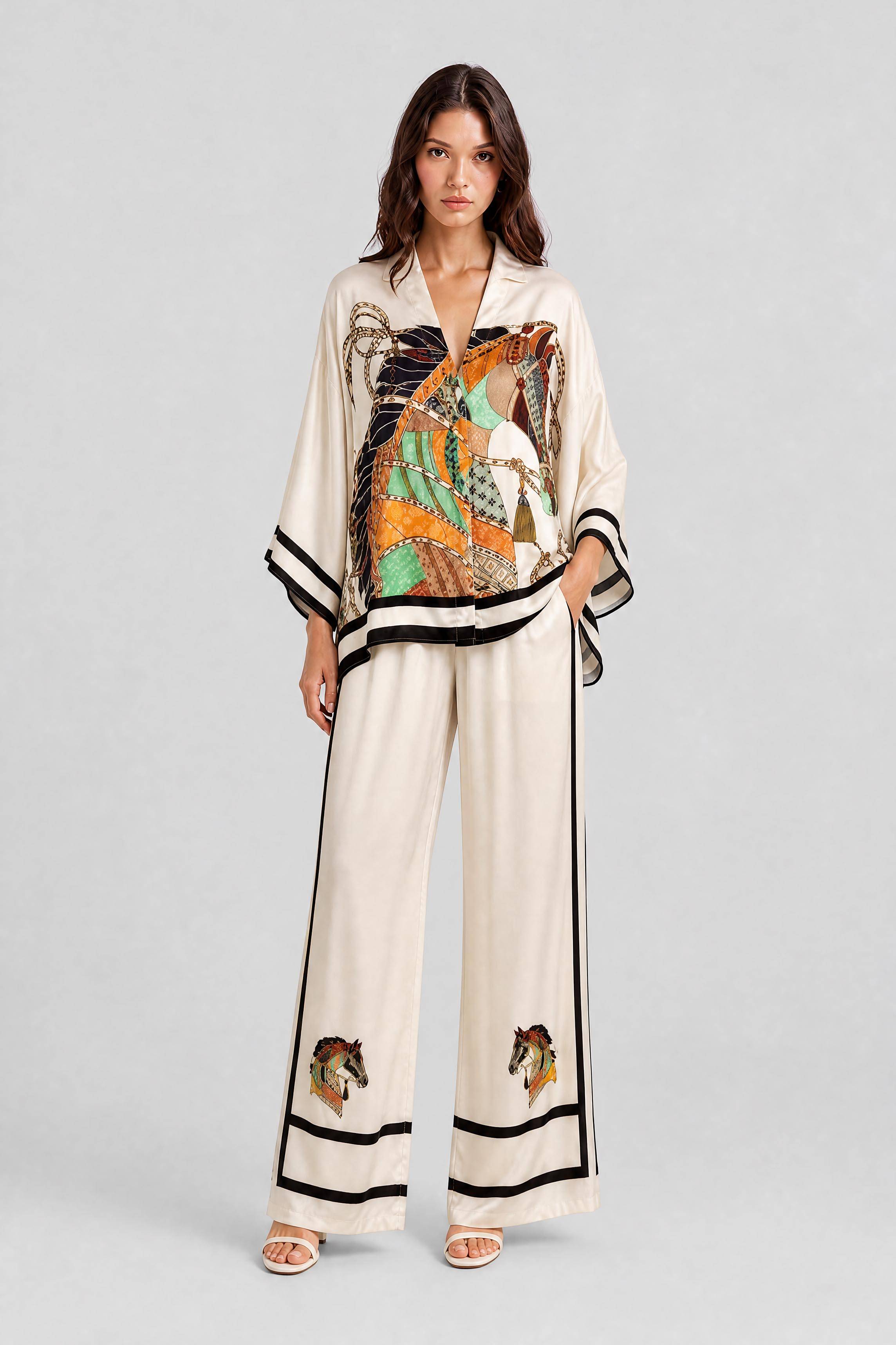V-Neck Horse Pattern Satin Suit Pants Two-Piece Set