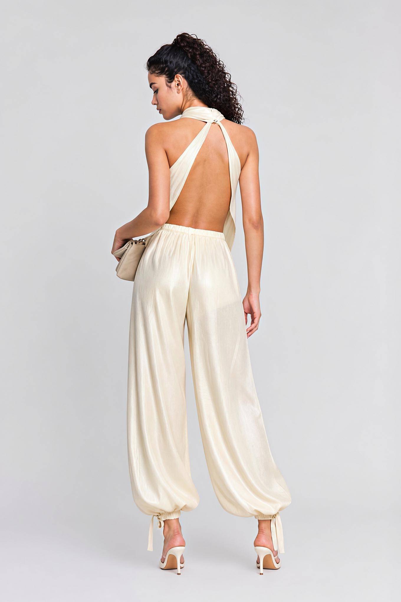 Cream Satin Halter Neck Two-Piece Set - Backless Draped Top & Wide-Leg Pants Elegant Evening Outfit For Wedding, Gala & Party