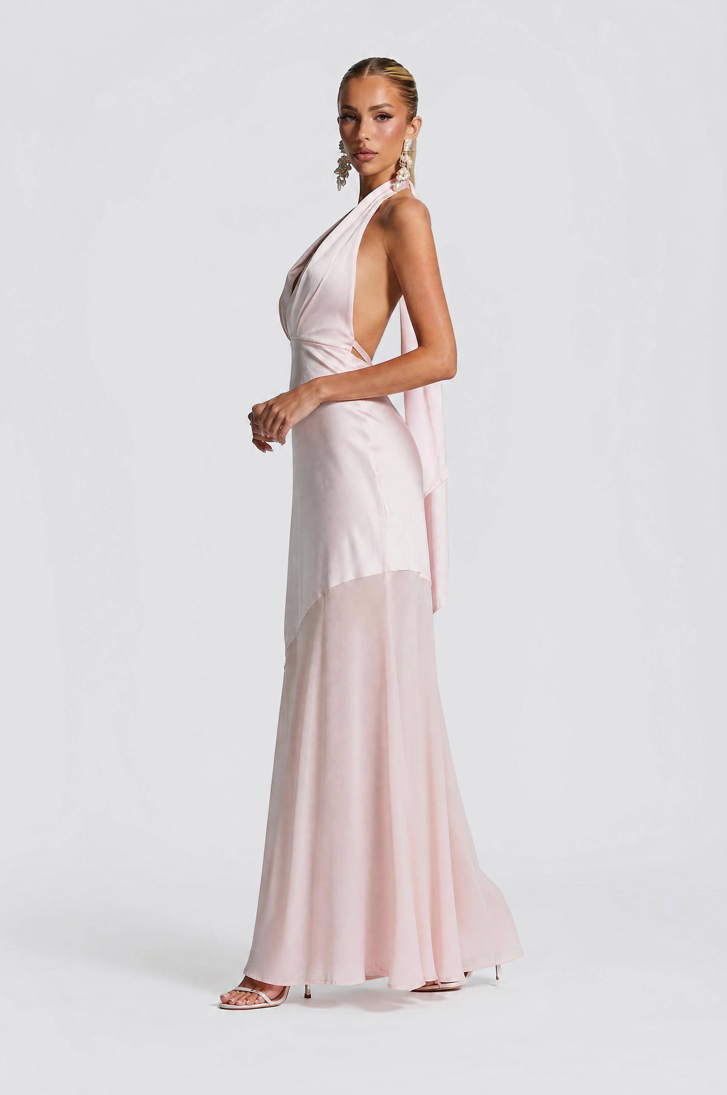Olive Satin Halter Neck Deep V-Neck Mermaid Evening Gown - Sexy Backless Formal Dress For Party, Wedding & Gala