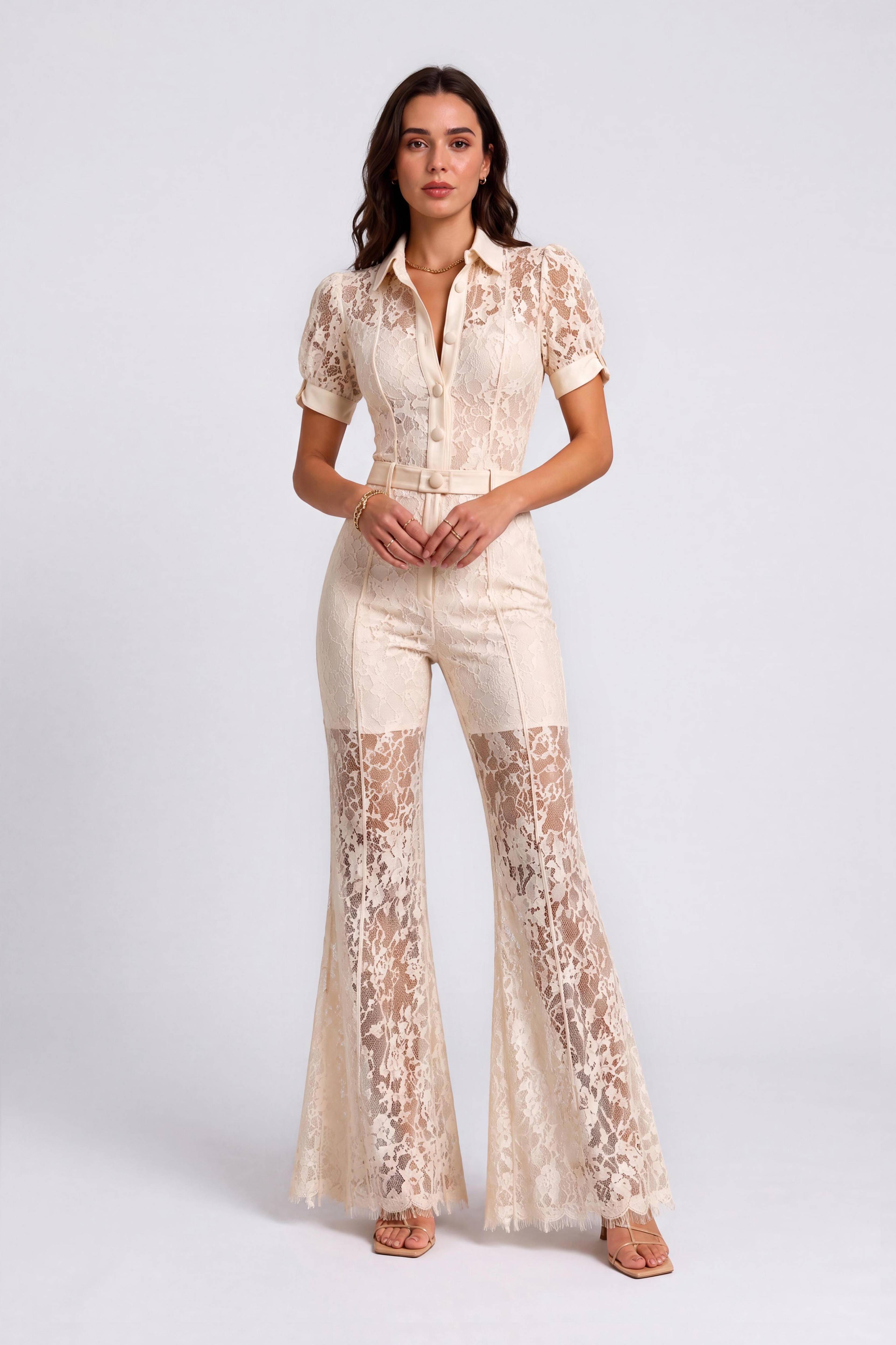 Vintage Lace Bubble Sleeve Slim-fit Jumpsuit