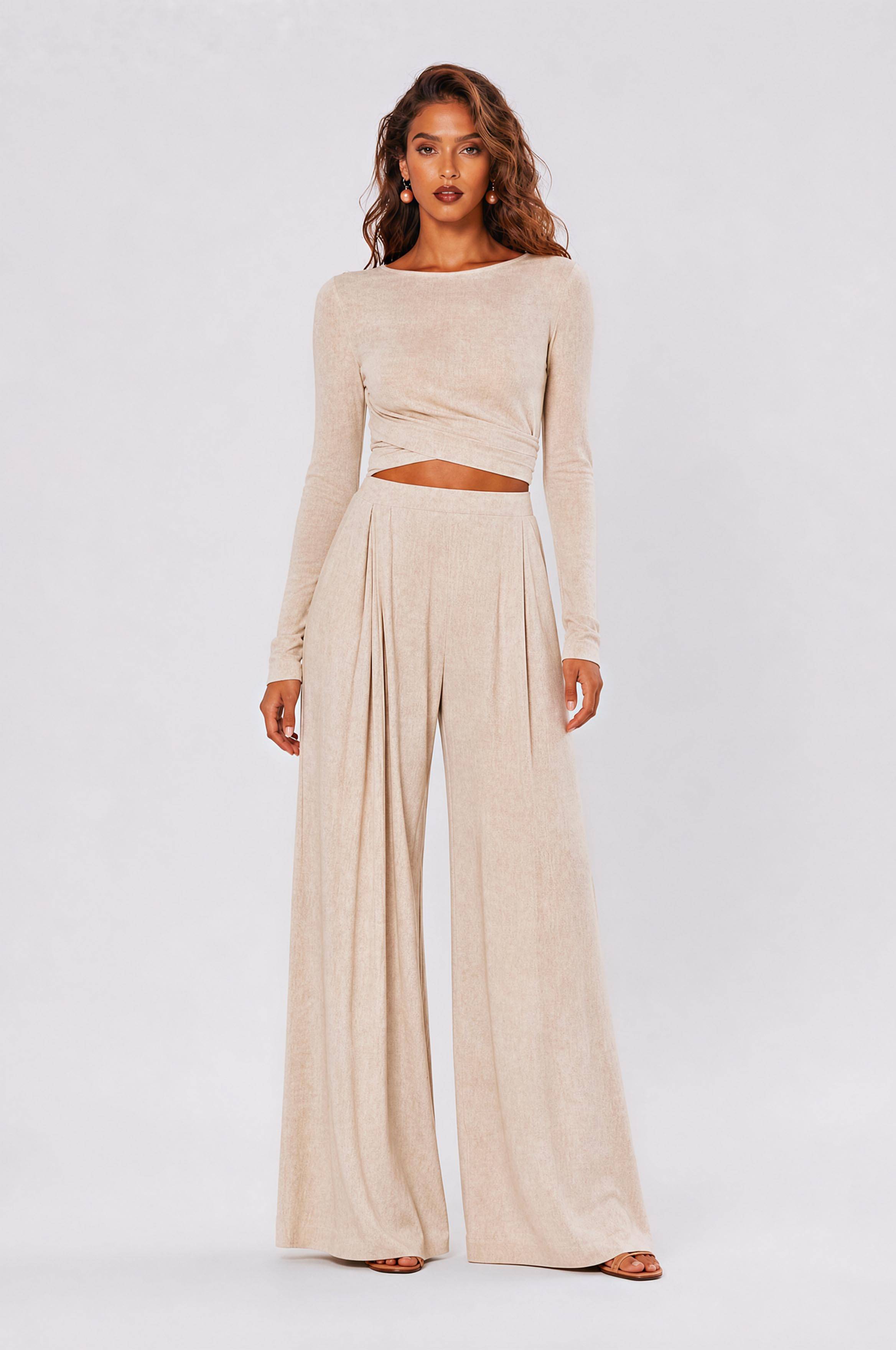 Tight-Waisted Short Long-Sleeved Top Pleated Linen Wide-Leg Pants Two-Piece Set