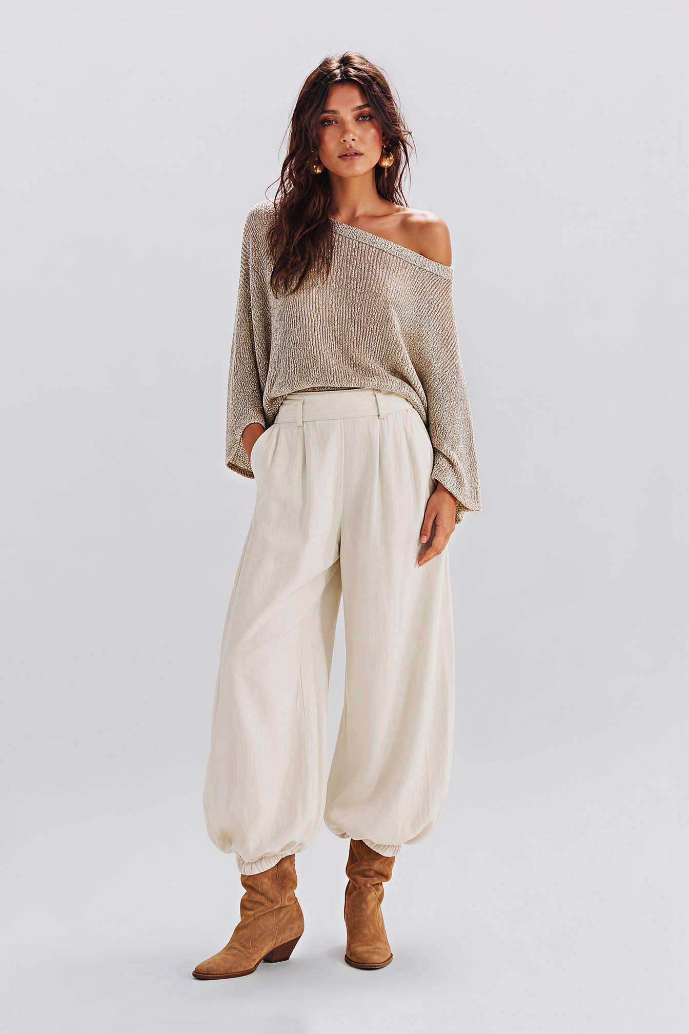 Knitted Shoulder Top High Waist Tunic Pants Holiday Daily Casual Suit