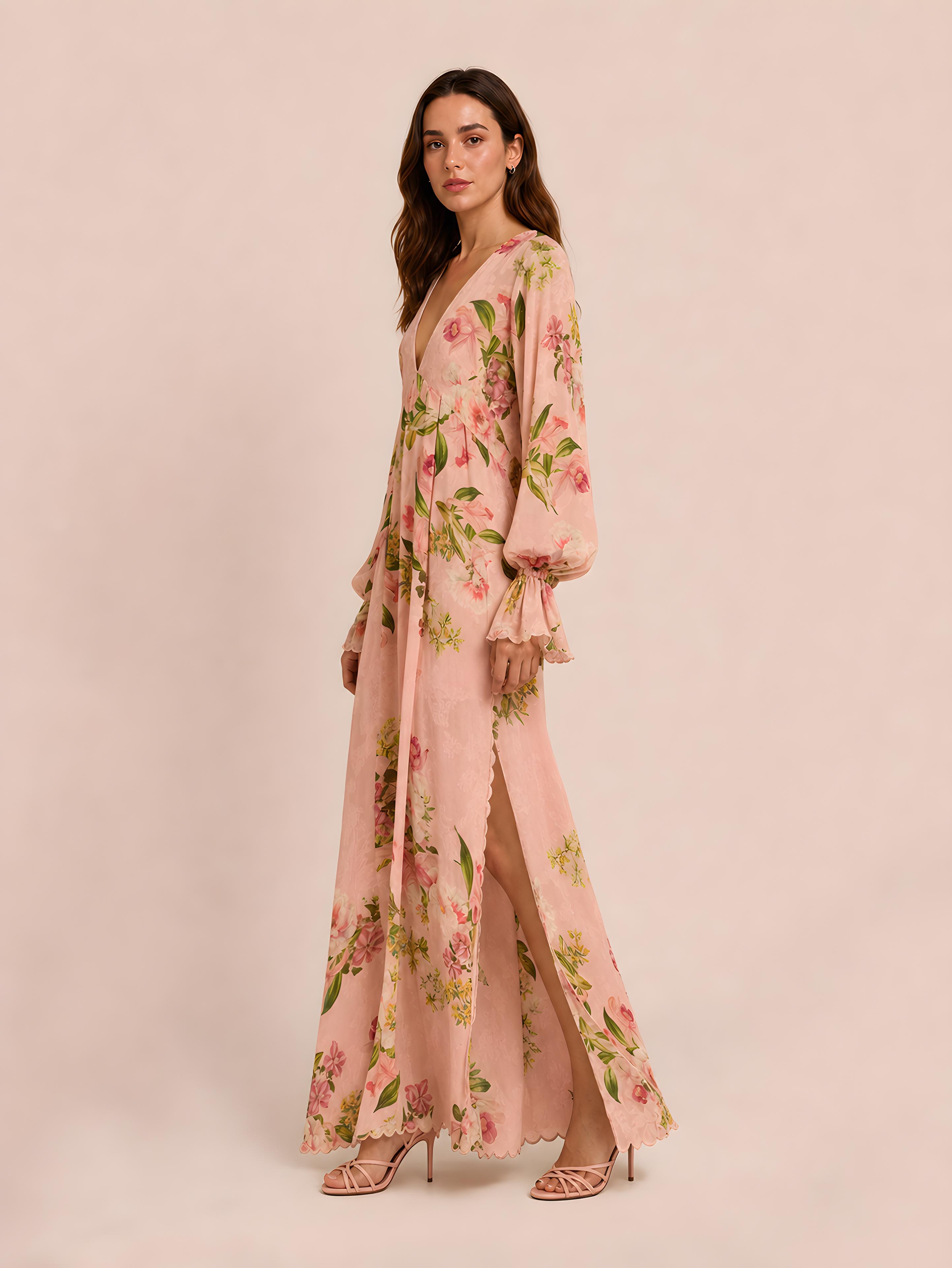 Floral Print Deep V Long Dress