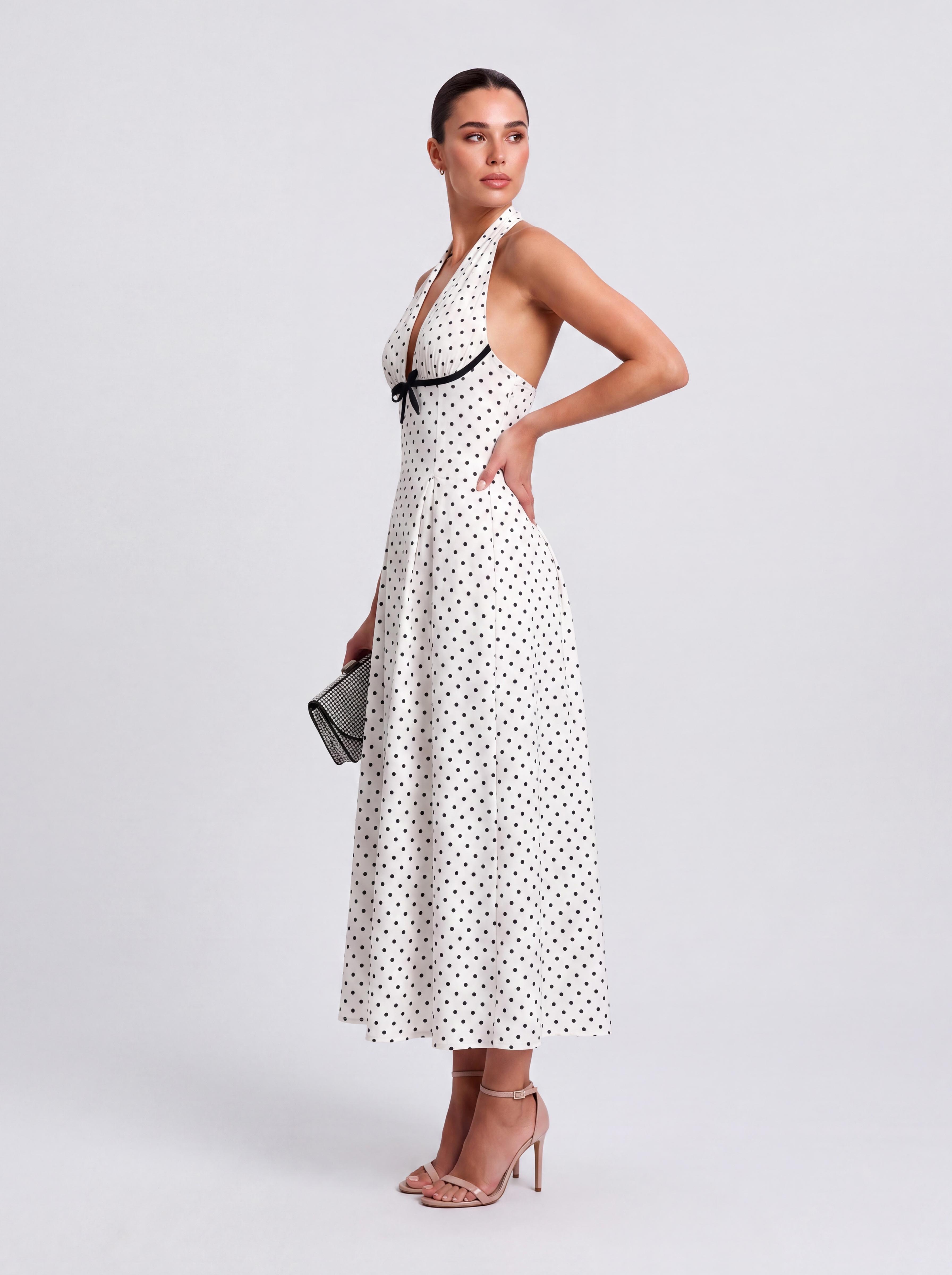 Retro Wave Point Neck Deep V Holiday Midi Dress