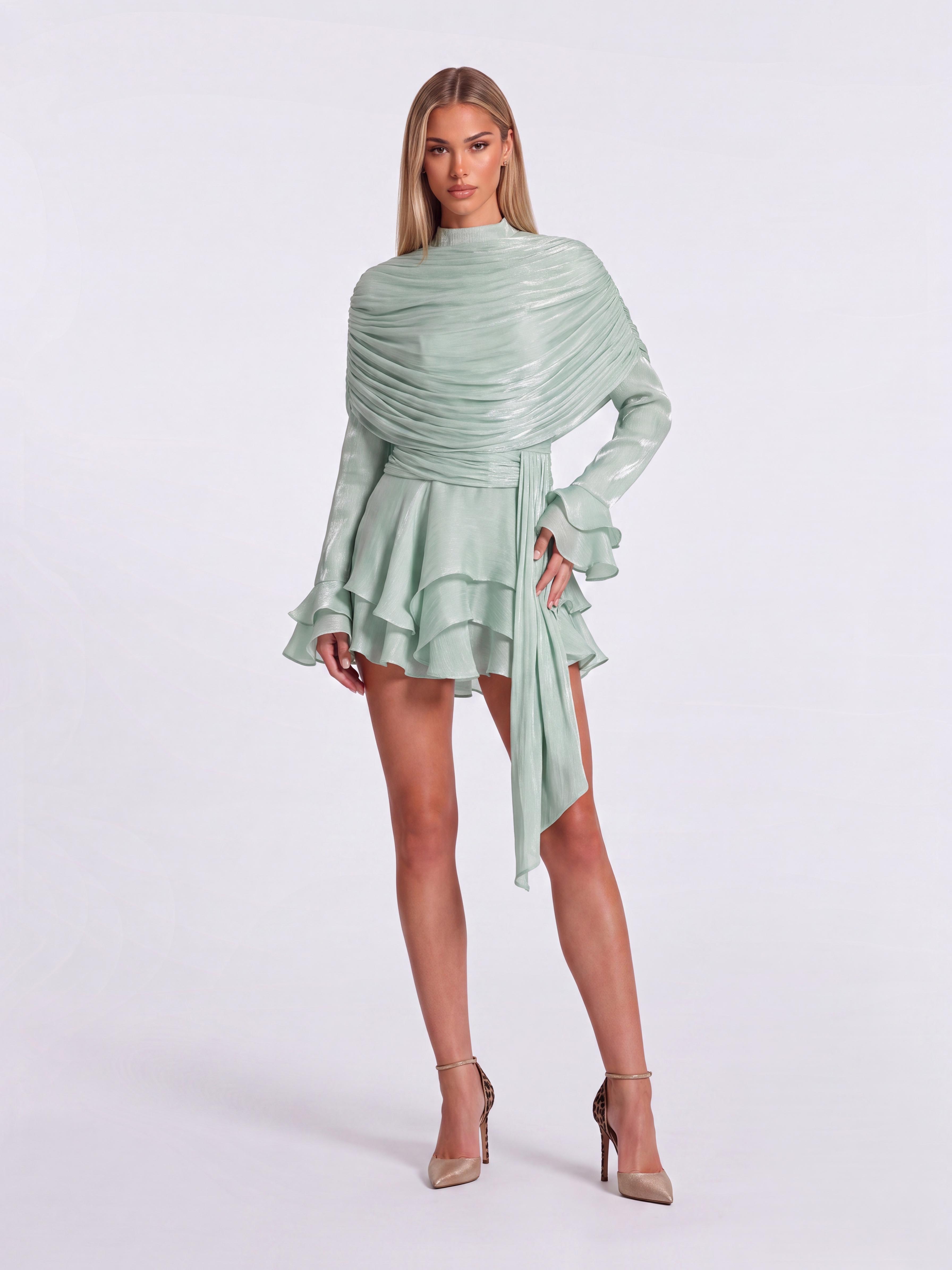 Draped High Neck Long Sleeve Ruffled Asymmetrical Strap Skirt