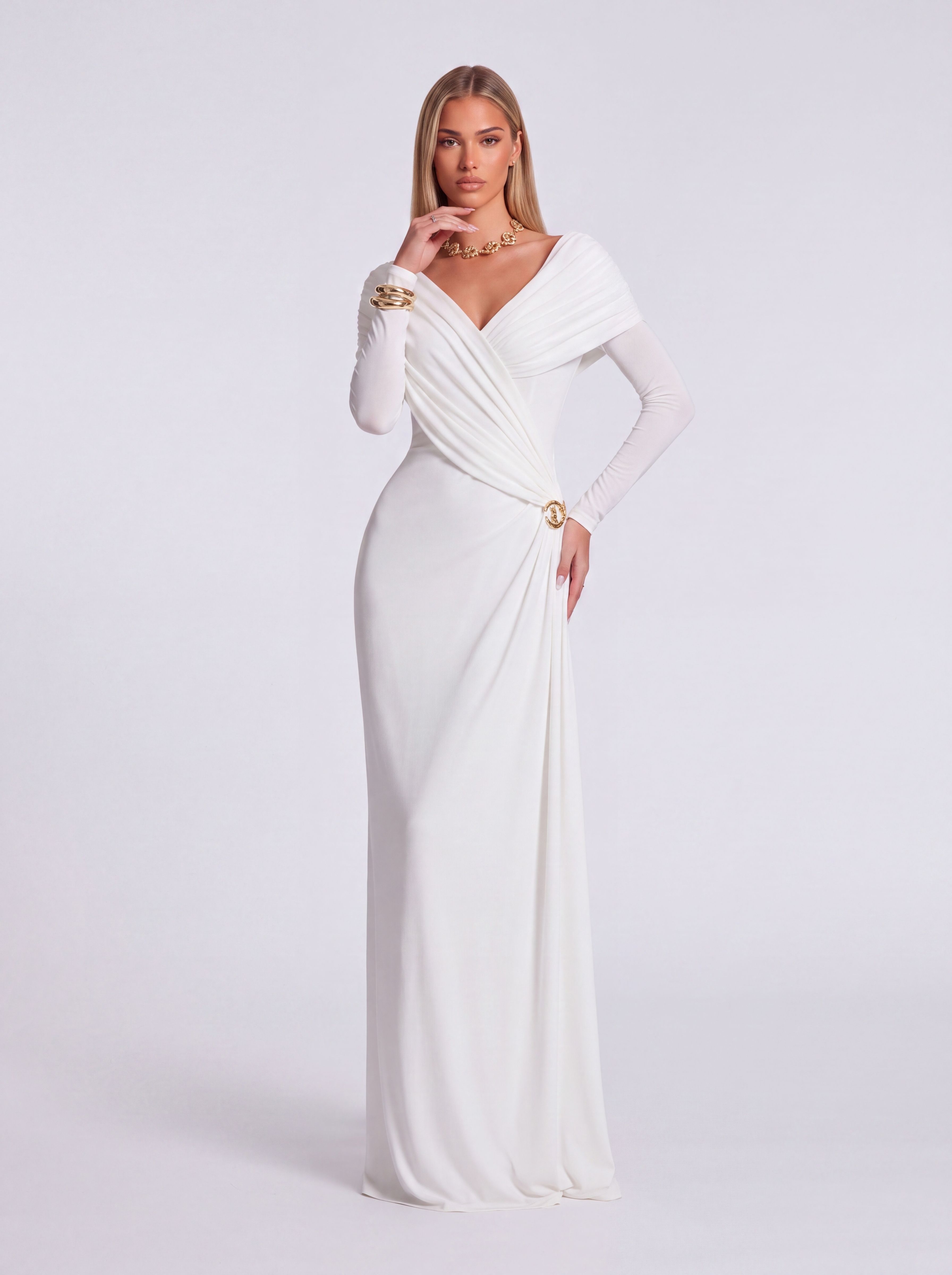 Cross Draped Shawl Side Trim V-Neck Long Sleeve Dress