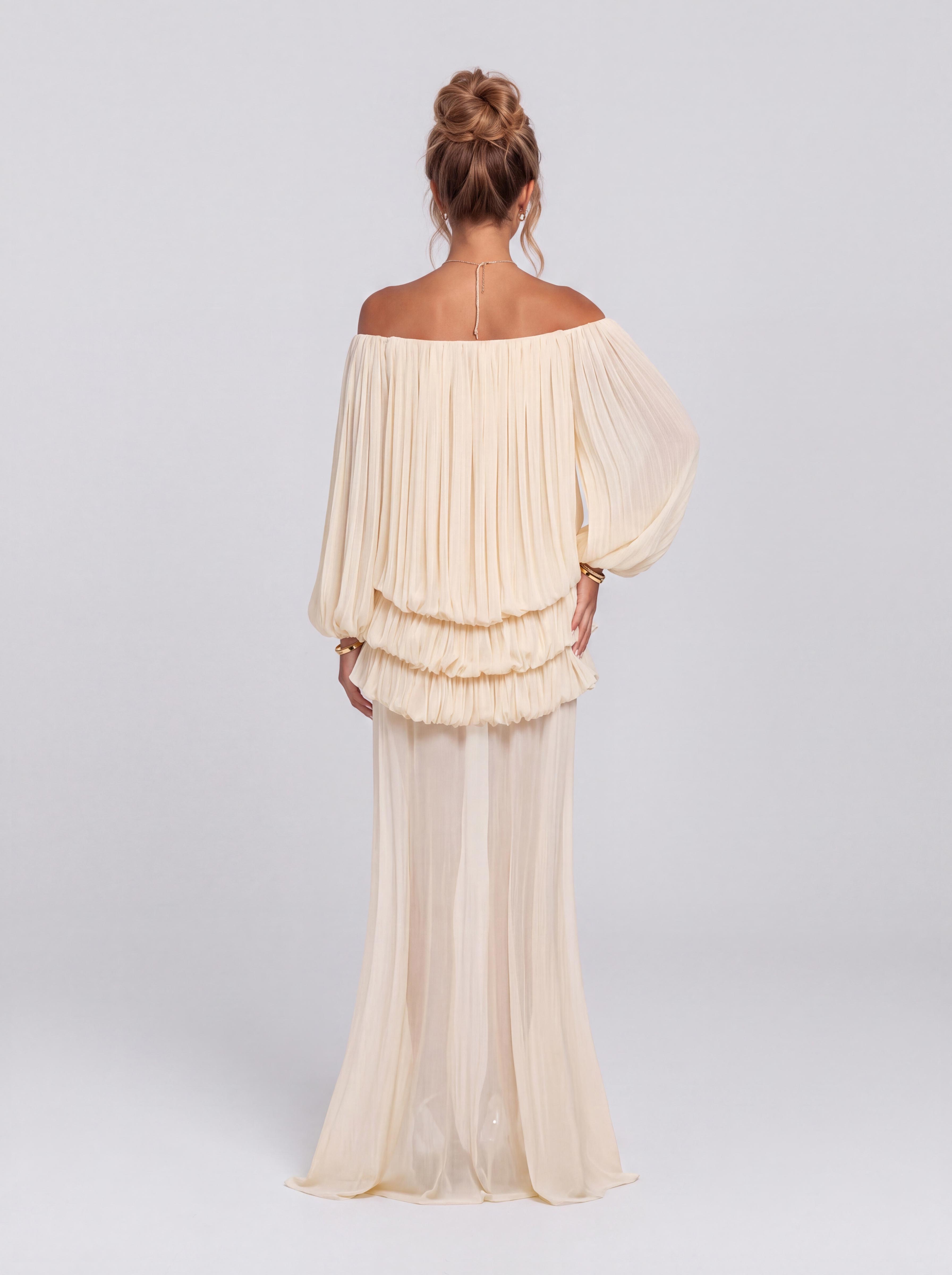 Pleated Off-shoulder Bubble Long Sleeve Perspective Long Party Dress