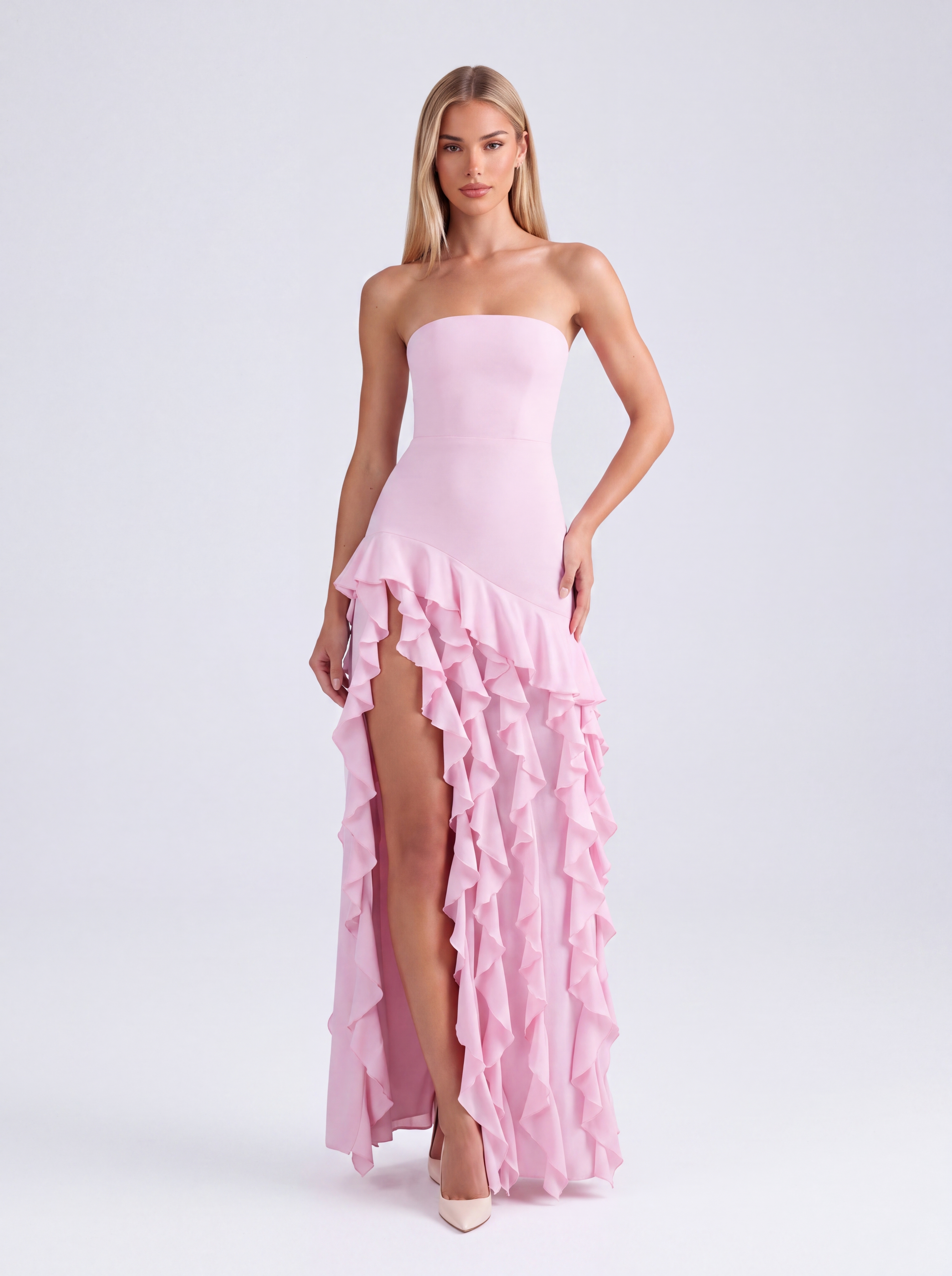 Strapless Ruffled High Split Slim-Fit Long Dress
