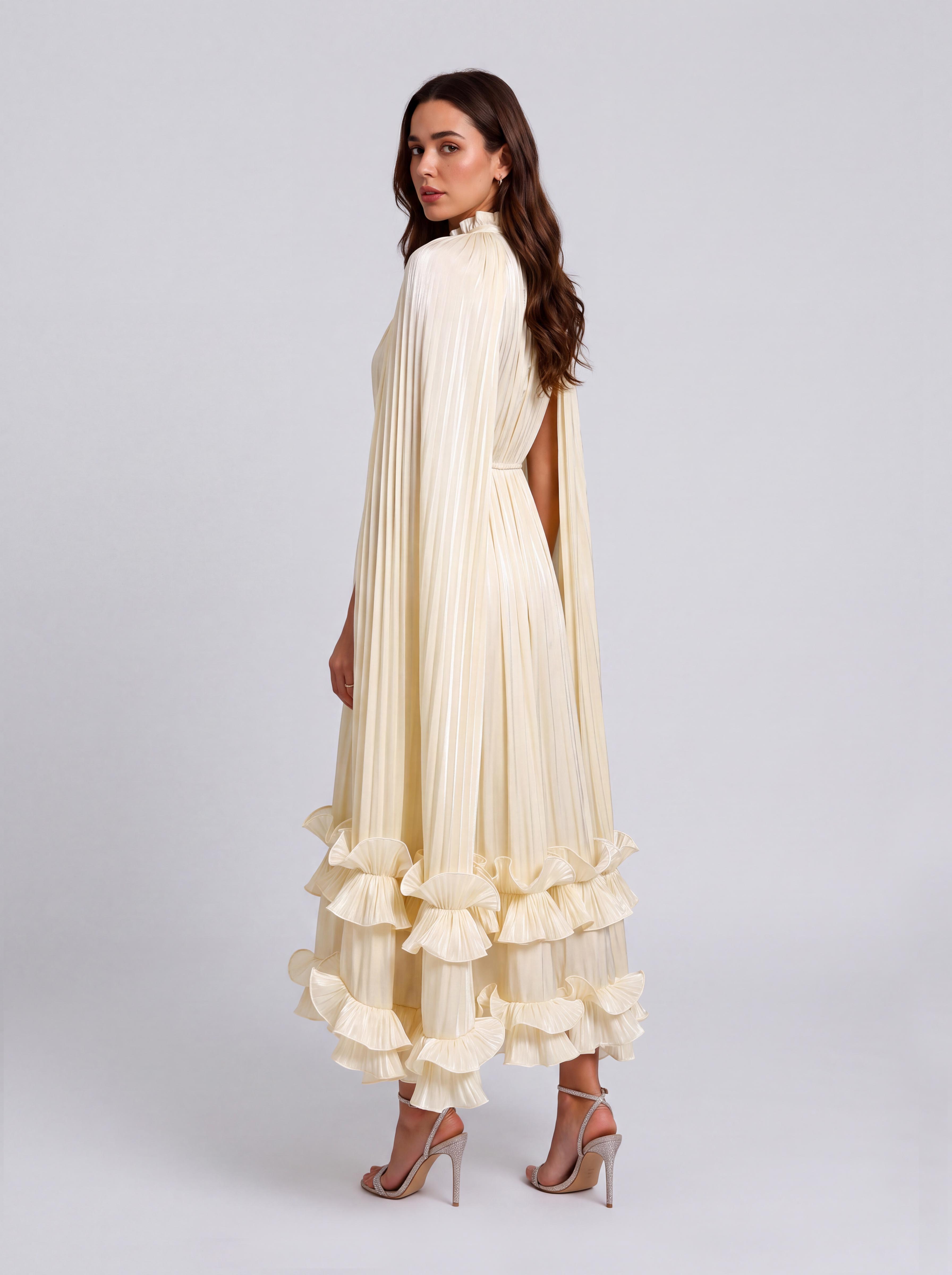 Cloak-sleeved, Stand-collar Midi Dress With Layered Ruffled Frills And A Tie-cinched Waist