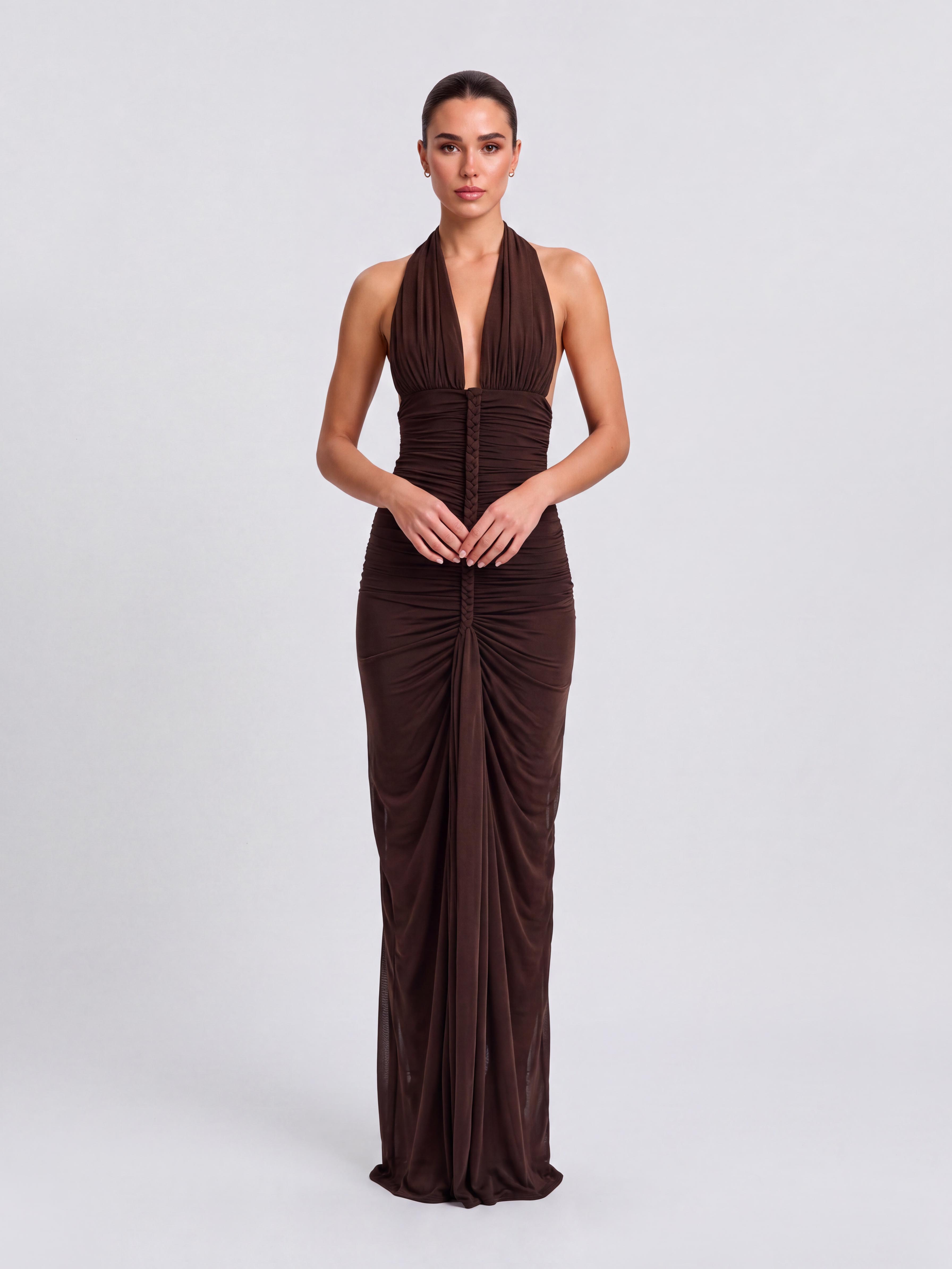 Woven Pleated Front Neck Deep V-Drop Slim Dress