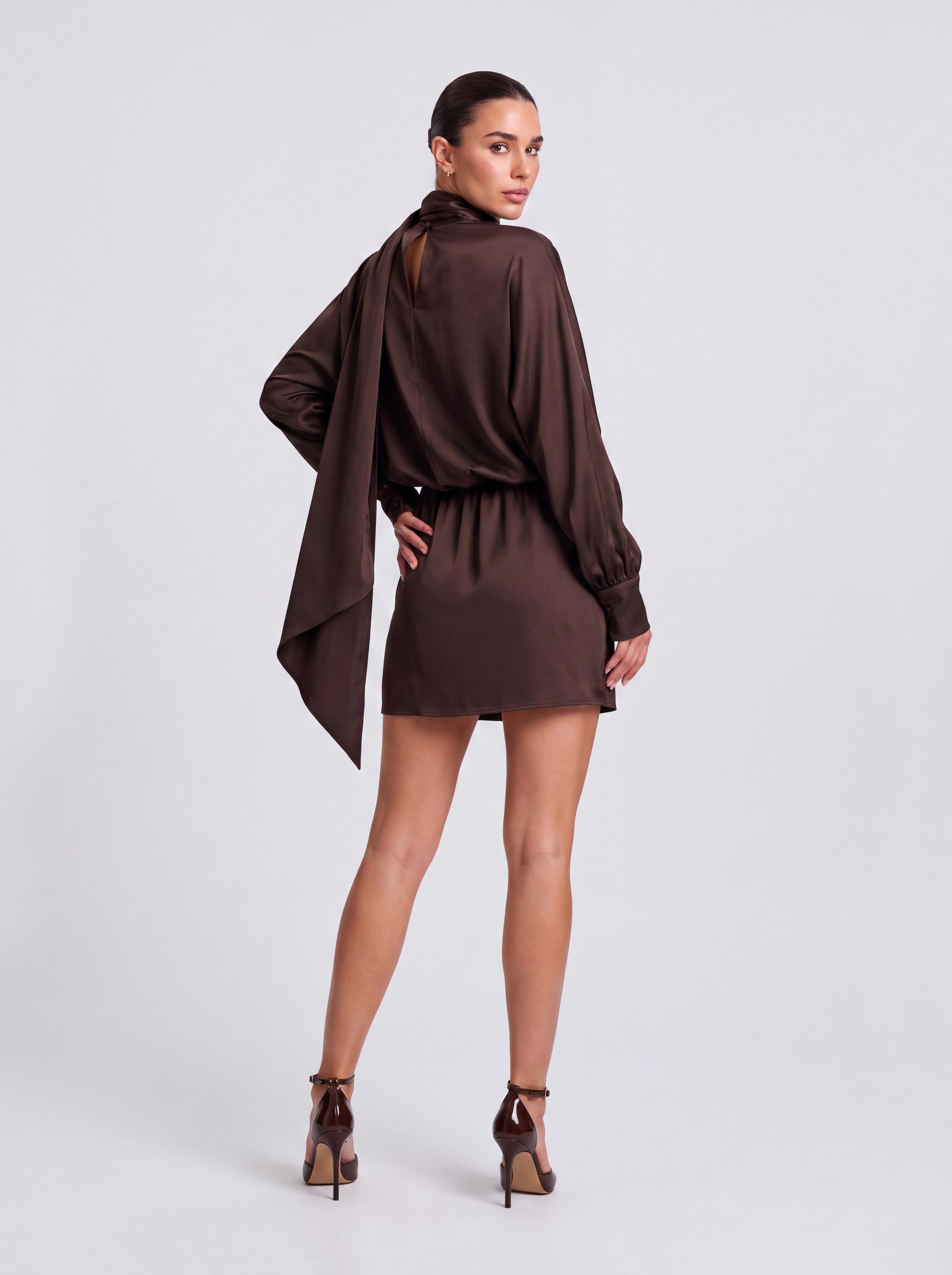 Vintage Brown Satin Turtleneck Long Sleeve Slim Fit Short Hip Dress