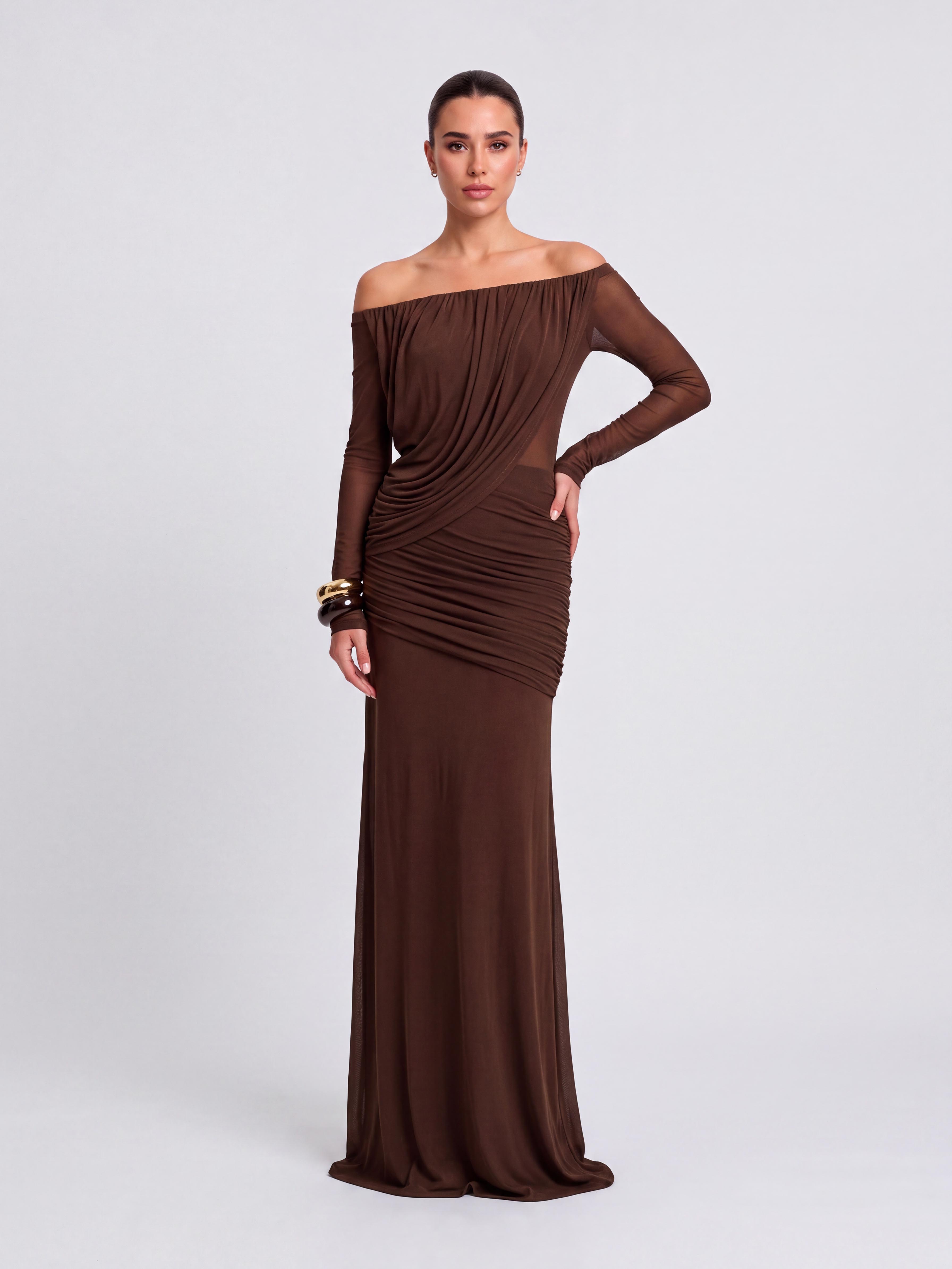 Off-shoulder Long-sleeve Draped Fishtail Long Dress