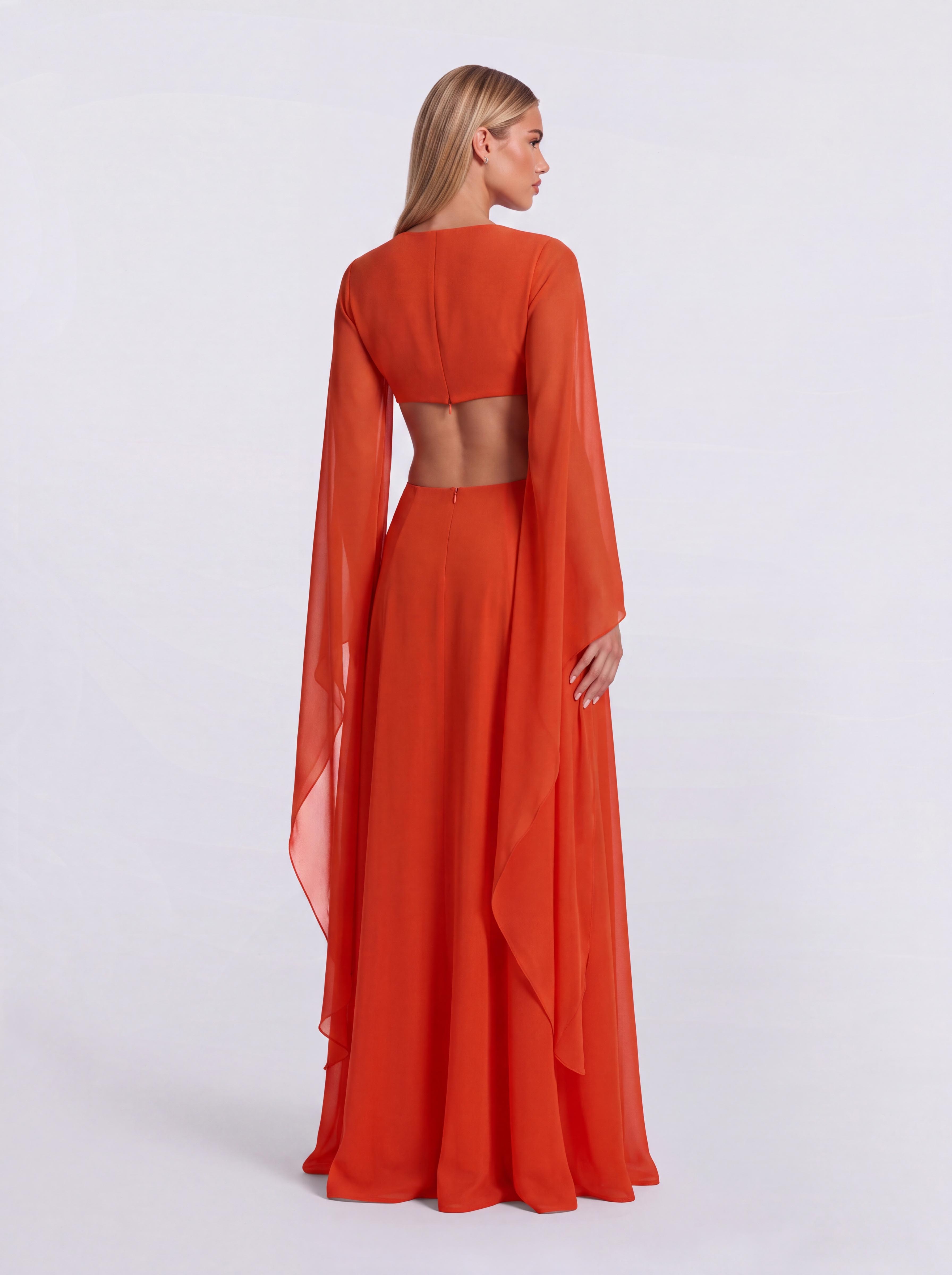 Vacation-style Deep V Cutout Bell Sleeve Chiffon Dress