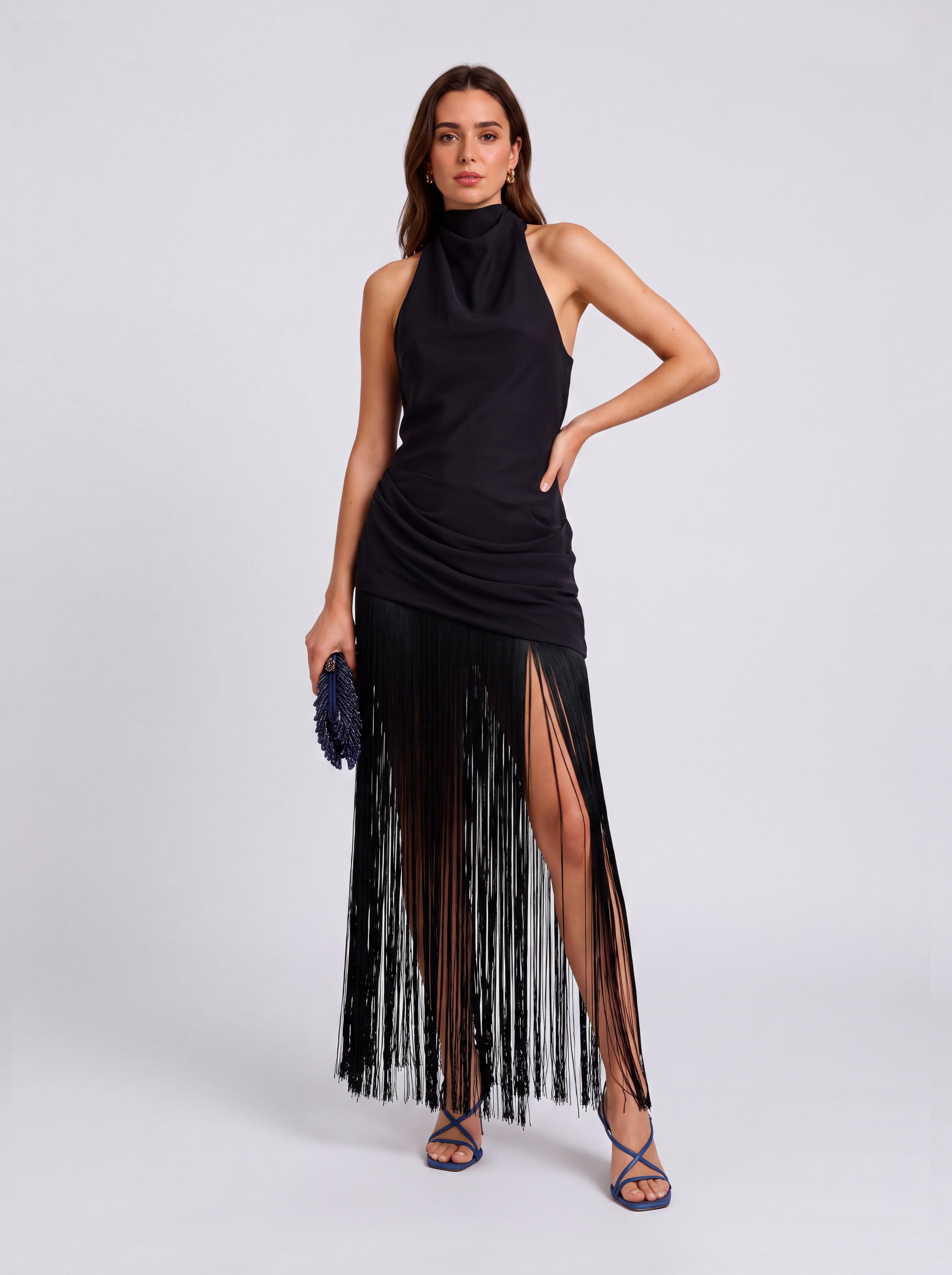 Sleeveless Halter Tassel Midi Dress