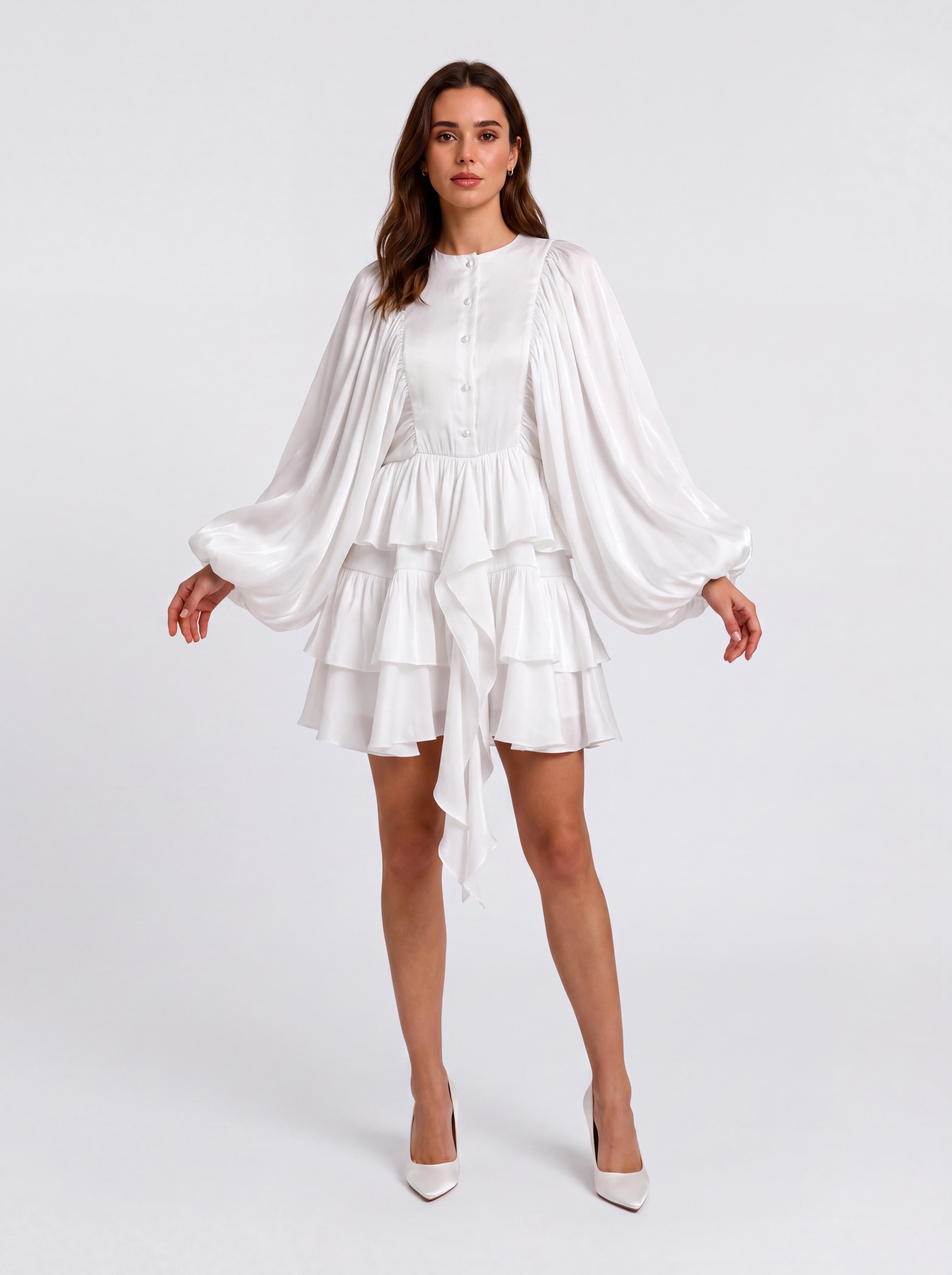 Layered Ruffled Puff Sleeve Short Dress