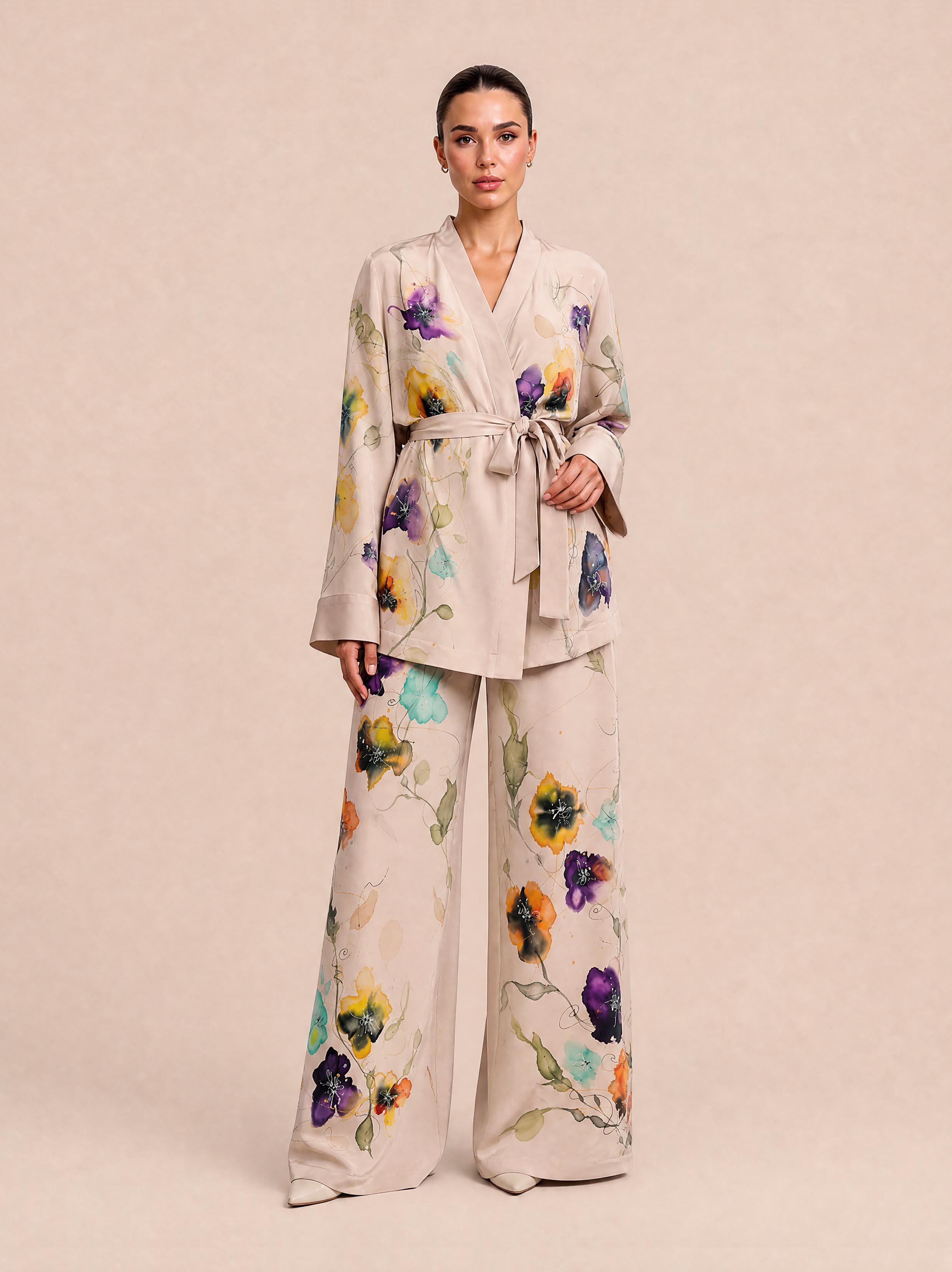 Watercolor Floral Print Satin Two-piece Set