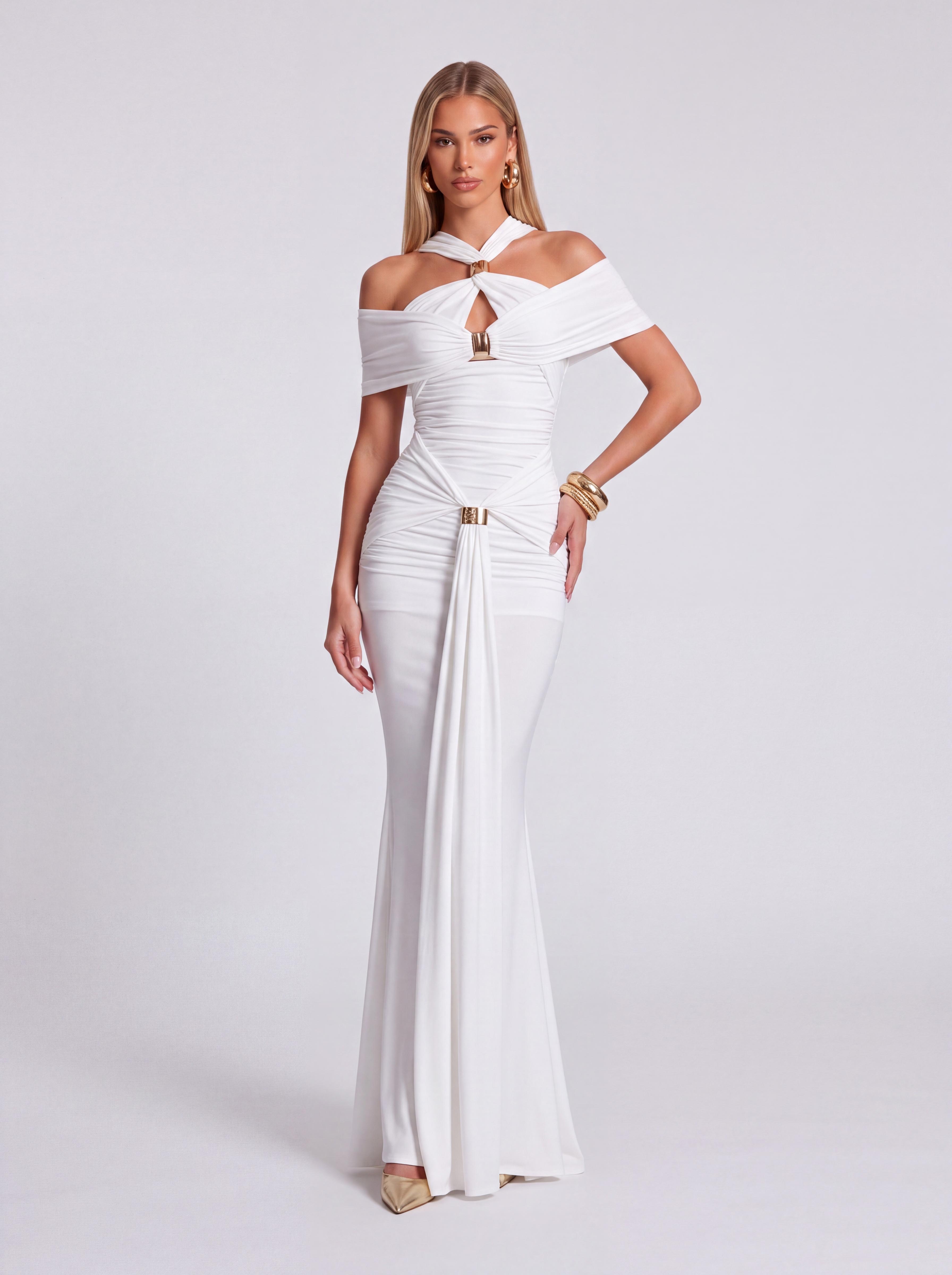Halter-Strap Open-Shoulder Pleated Fishtail Dress