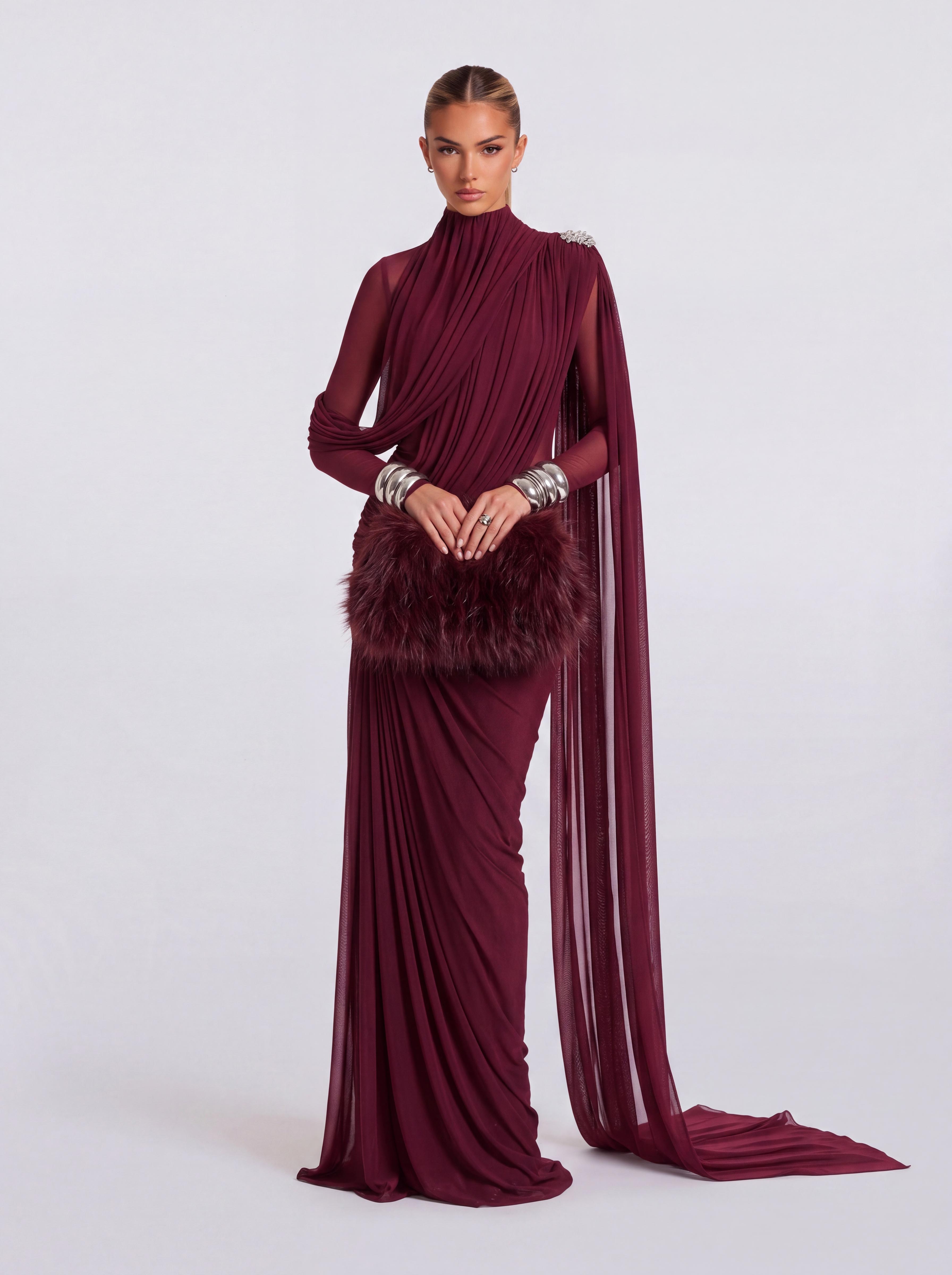 Asymmetric Cross-Draped Small High-Neck Long Gown Side-Mopping Strap