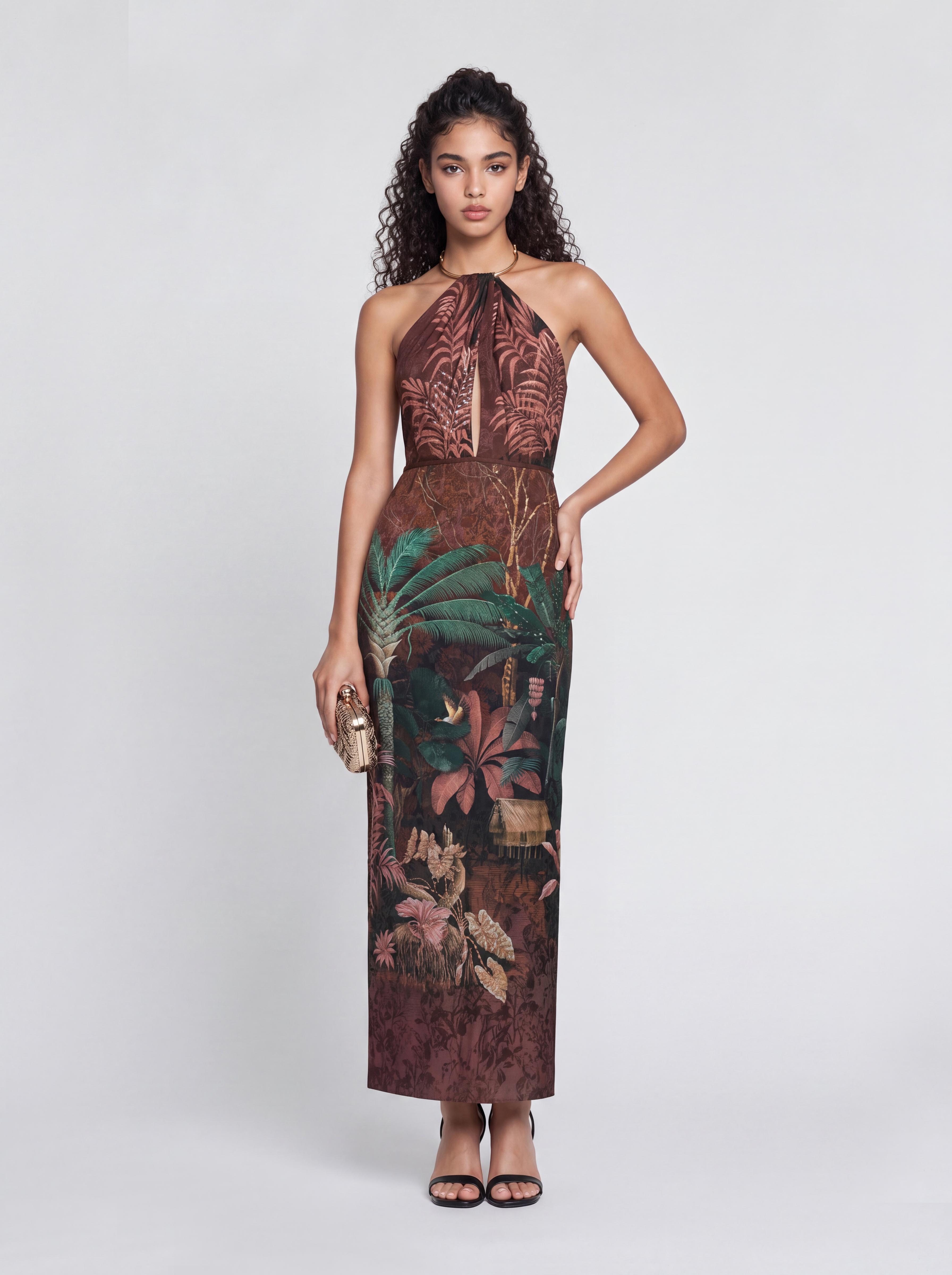 Slim-Fit Long Neck Rainforest Print Dress